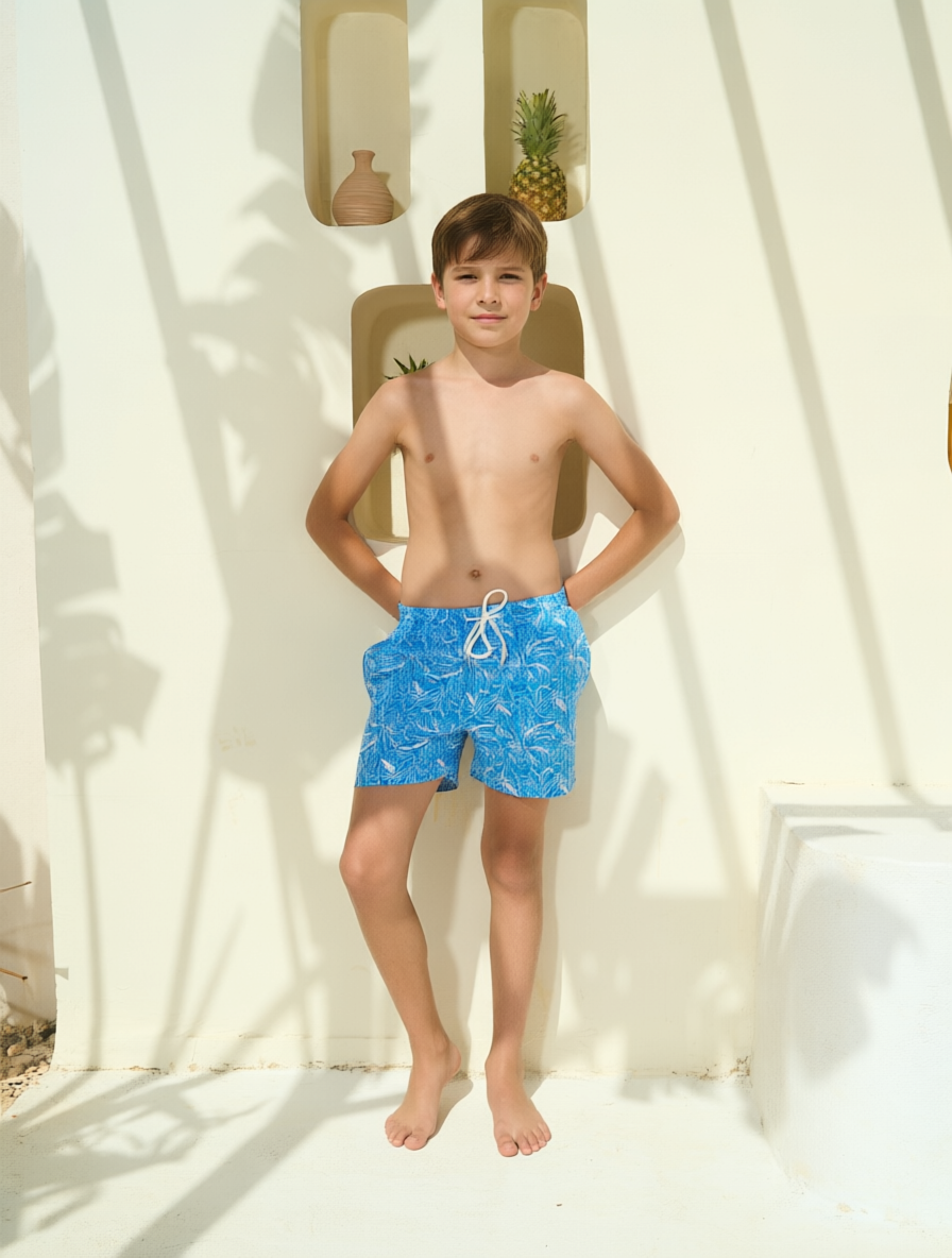 PALM LEAVES PRINT SWIM SHORTS - BABYBLUE