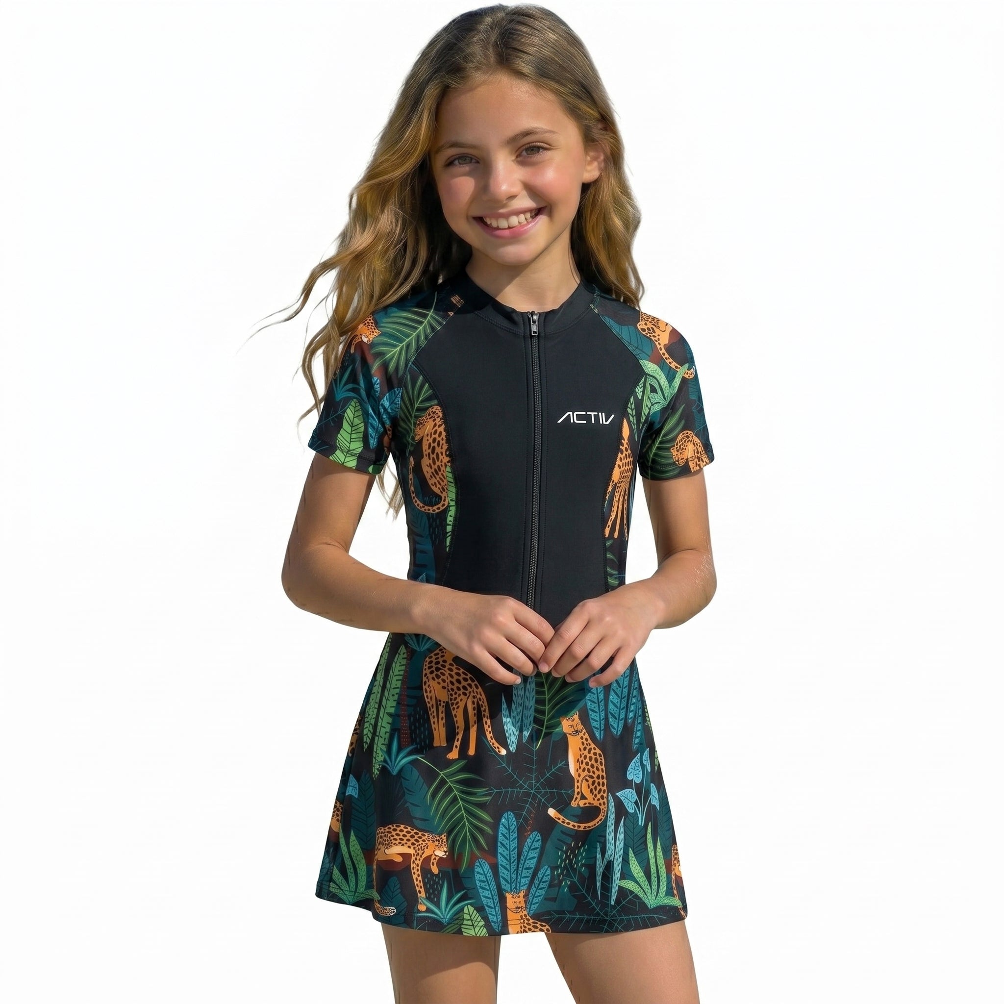 GIRLS' S/S ZIP SKIRT SWIMSUIT - BLACK