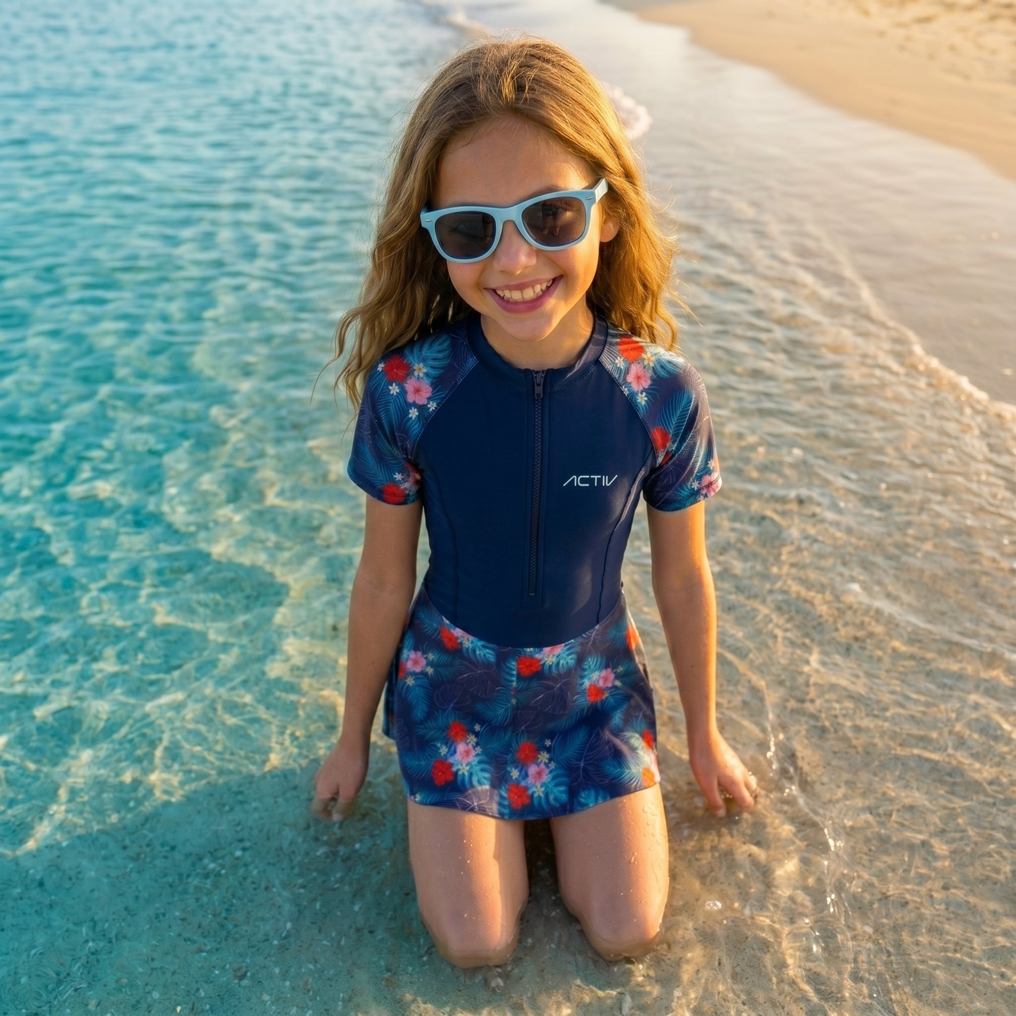 GIRLS' S/S ZIP SKIRT SWIMSUIT - NAVY