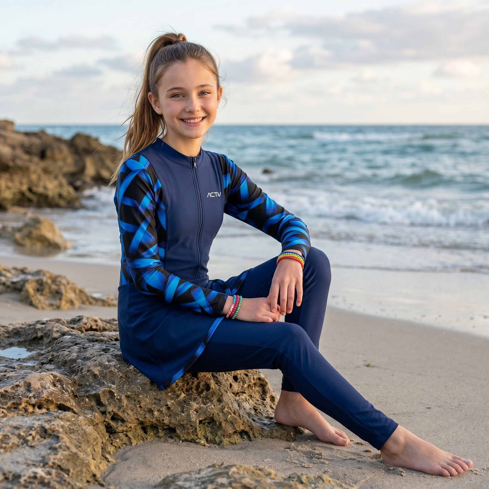 GIRLS L/S SWIMSUIT 3 PIECES - كحلي