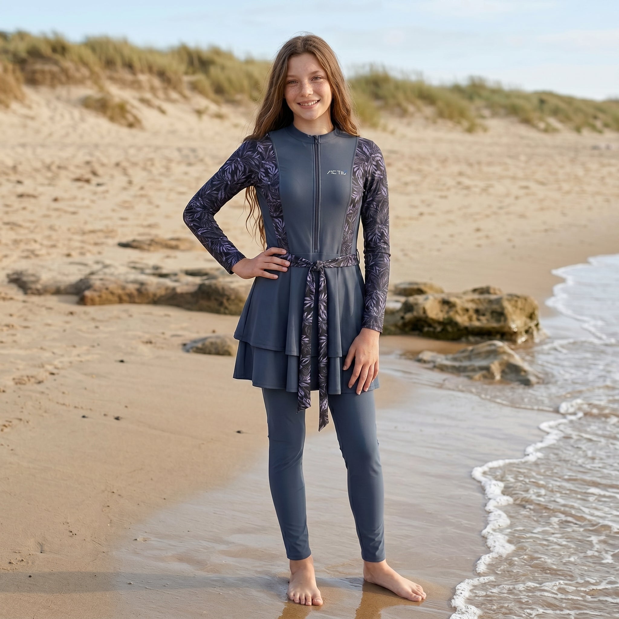 ACTIV GIRLS L/S SWIMSUIT+SKIRT - GREY
