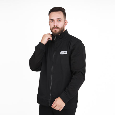 CREW NECK ZIPPER JACKET - BLACK