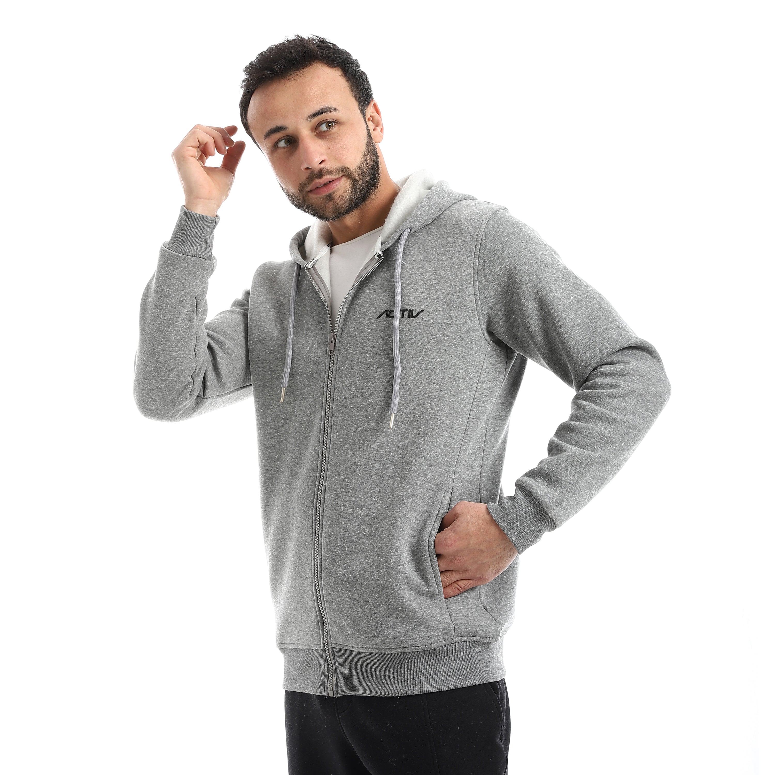 CUTLINE HOODED ZIP JACKET - D.GREY