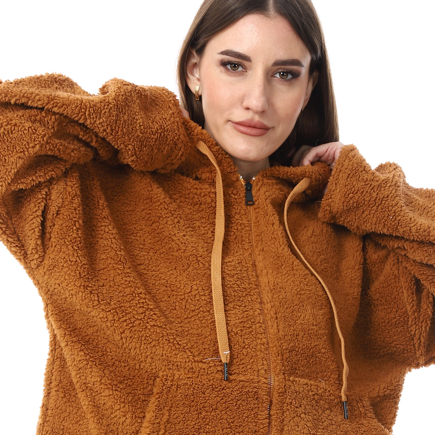 FUR CROPPED HOODED JACKET - BROWN 