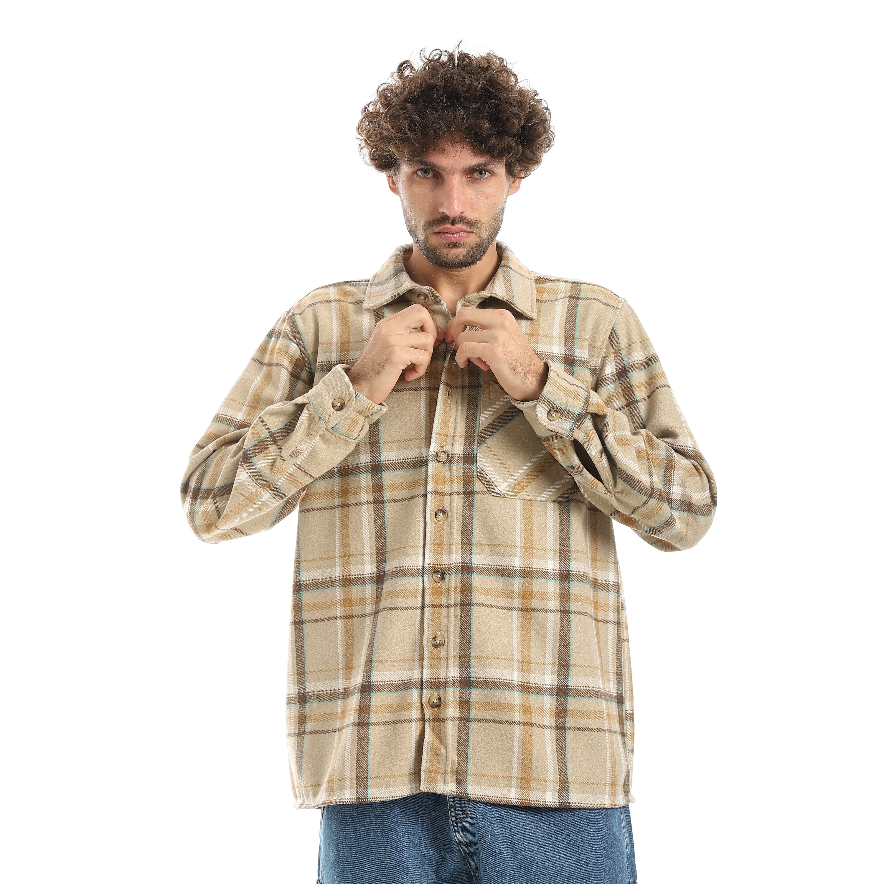 قميص اكتف رجالي كاروه بكم 1جيب - بيج*ابيض