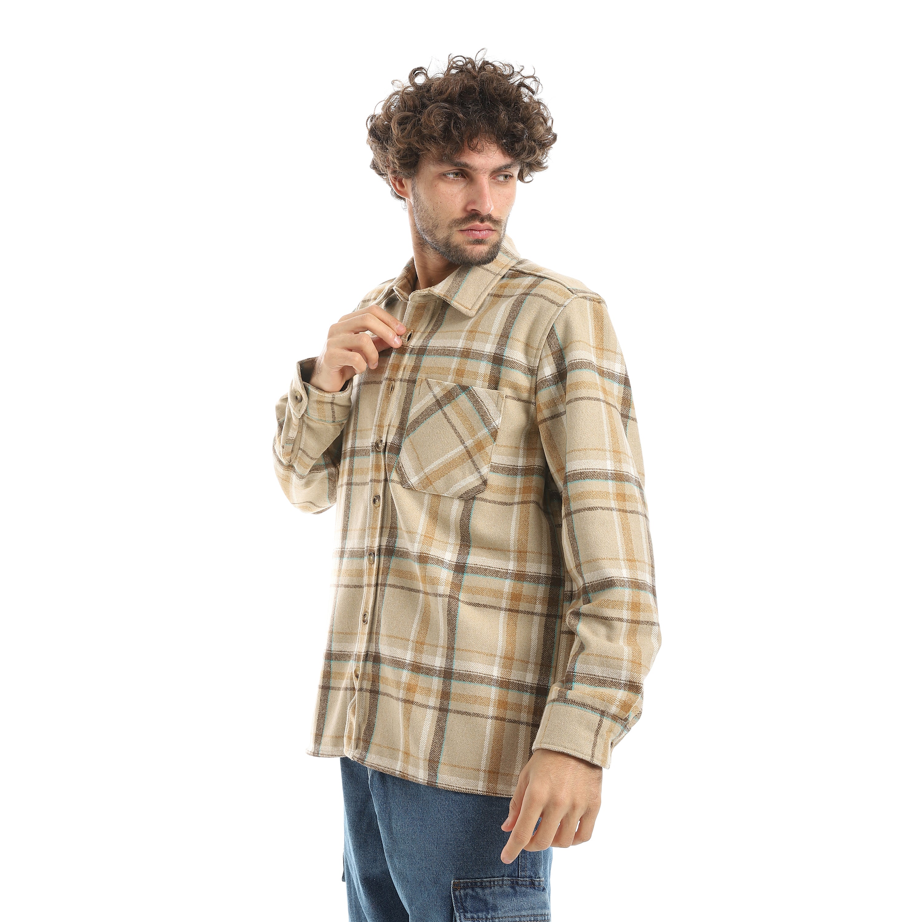 قميص اكتف رجالي كاروه بكم 1جيب - بيج*ابيض