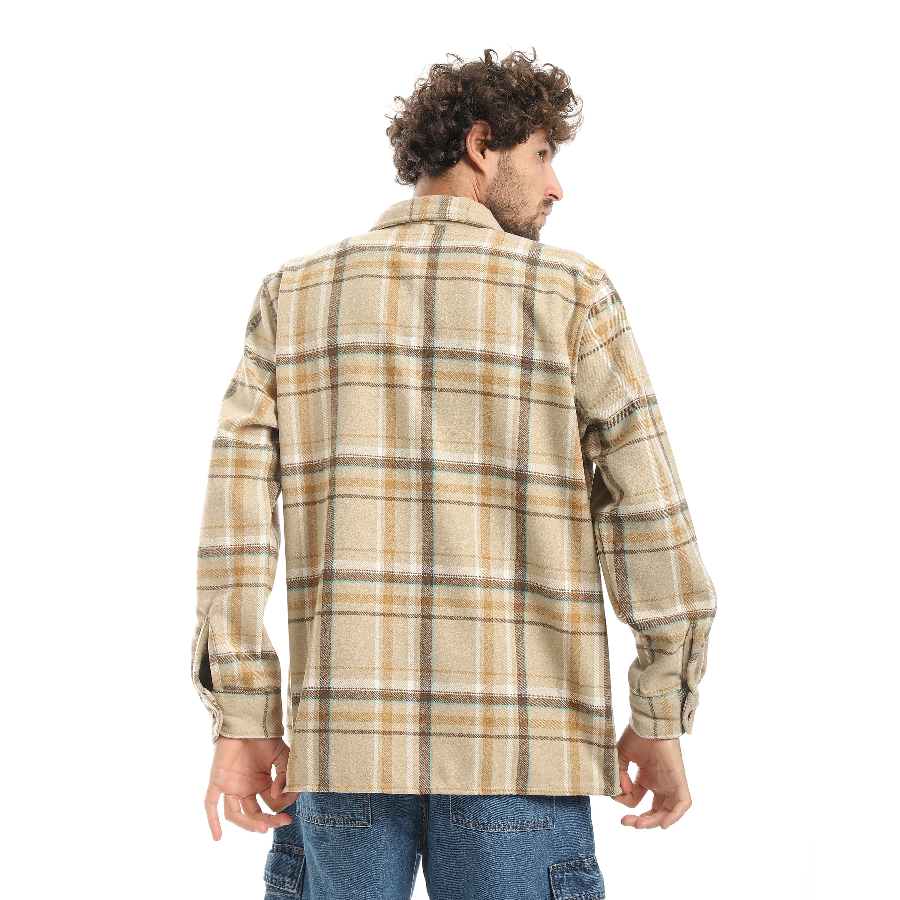 قميص اكتف رجالي كاروه بكم 1جيب - بيج*ابيض