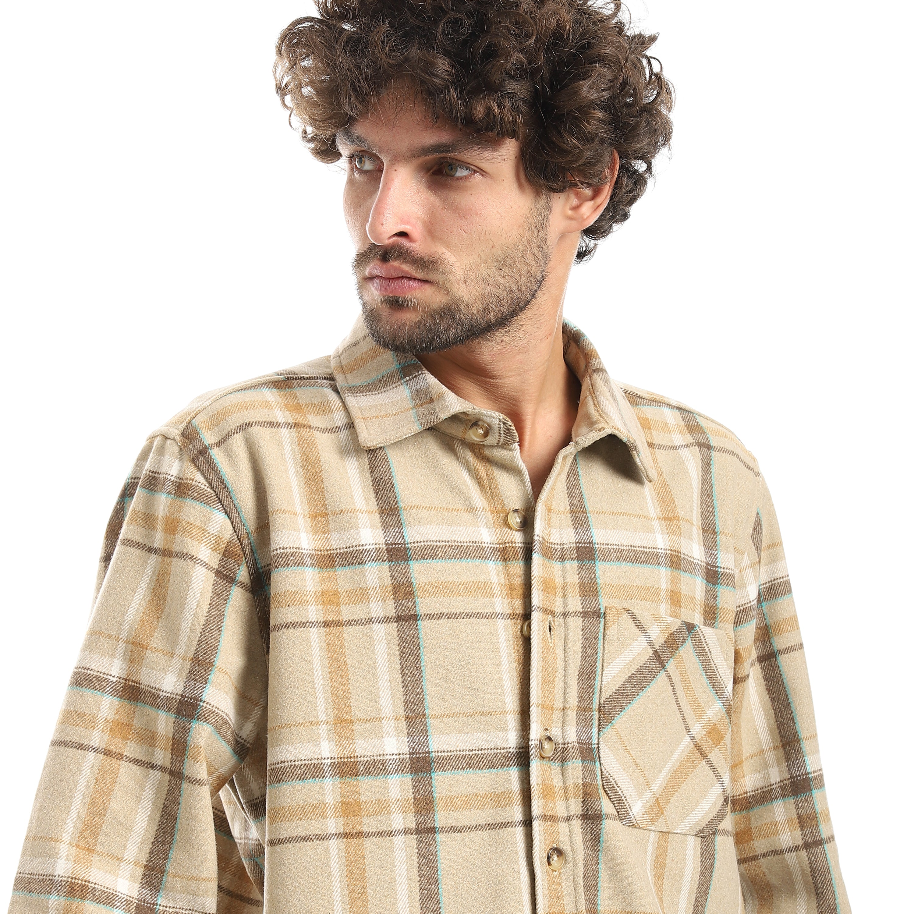 قميص اكتف رجالي كاروه بكم 1جيب - لبني*ابيض