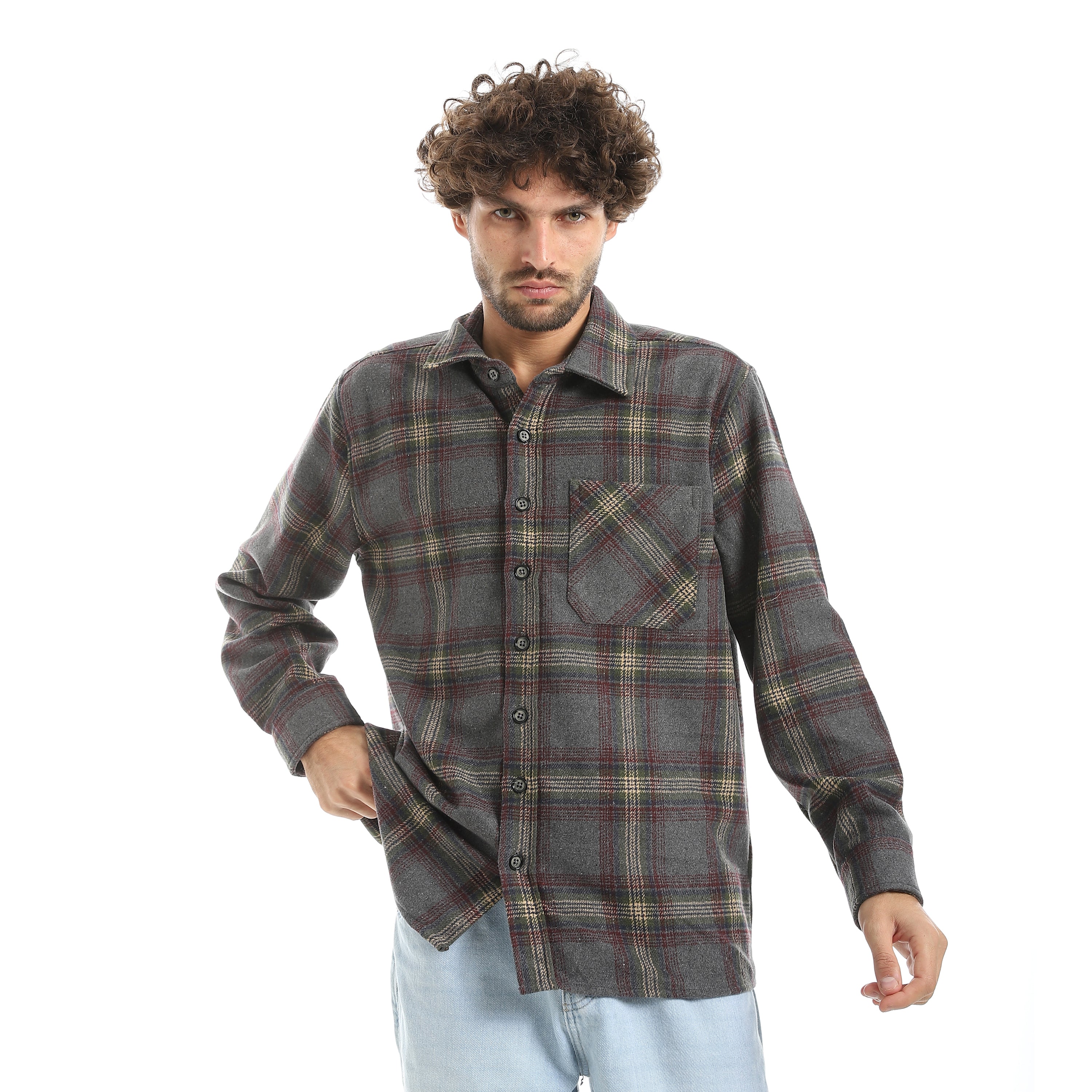 قميص اكتف رجالي كاروه بكم 1جيب - رمادي*زيتي