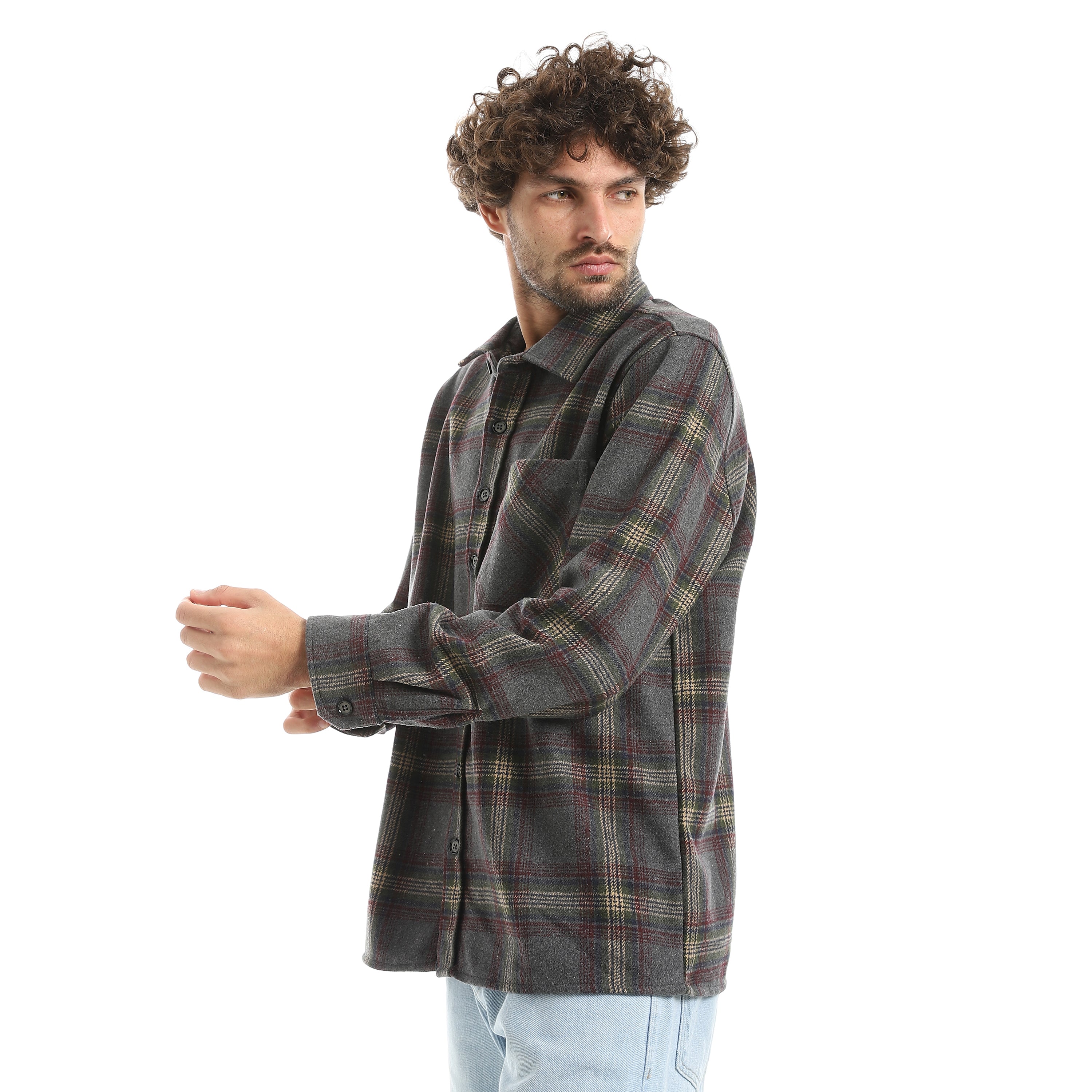 قميص اكتف رجالي كاروه بكم 1جيب - رمادي*زيتي