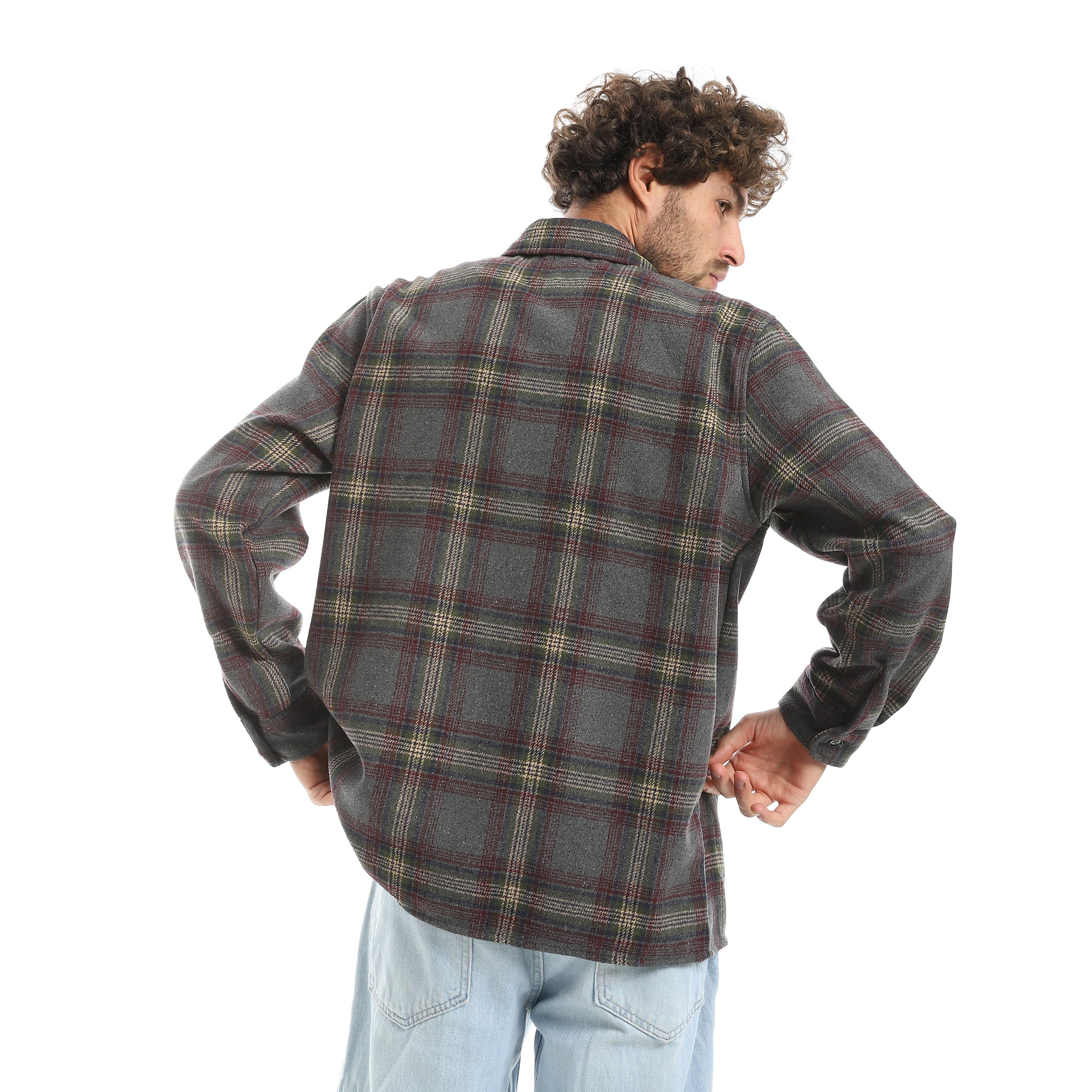 قميص اكتف رجالي كاروه بكم 1جيب - رمادي*زيتي