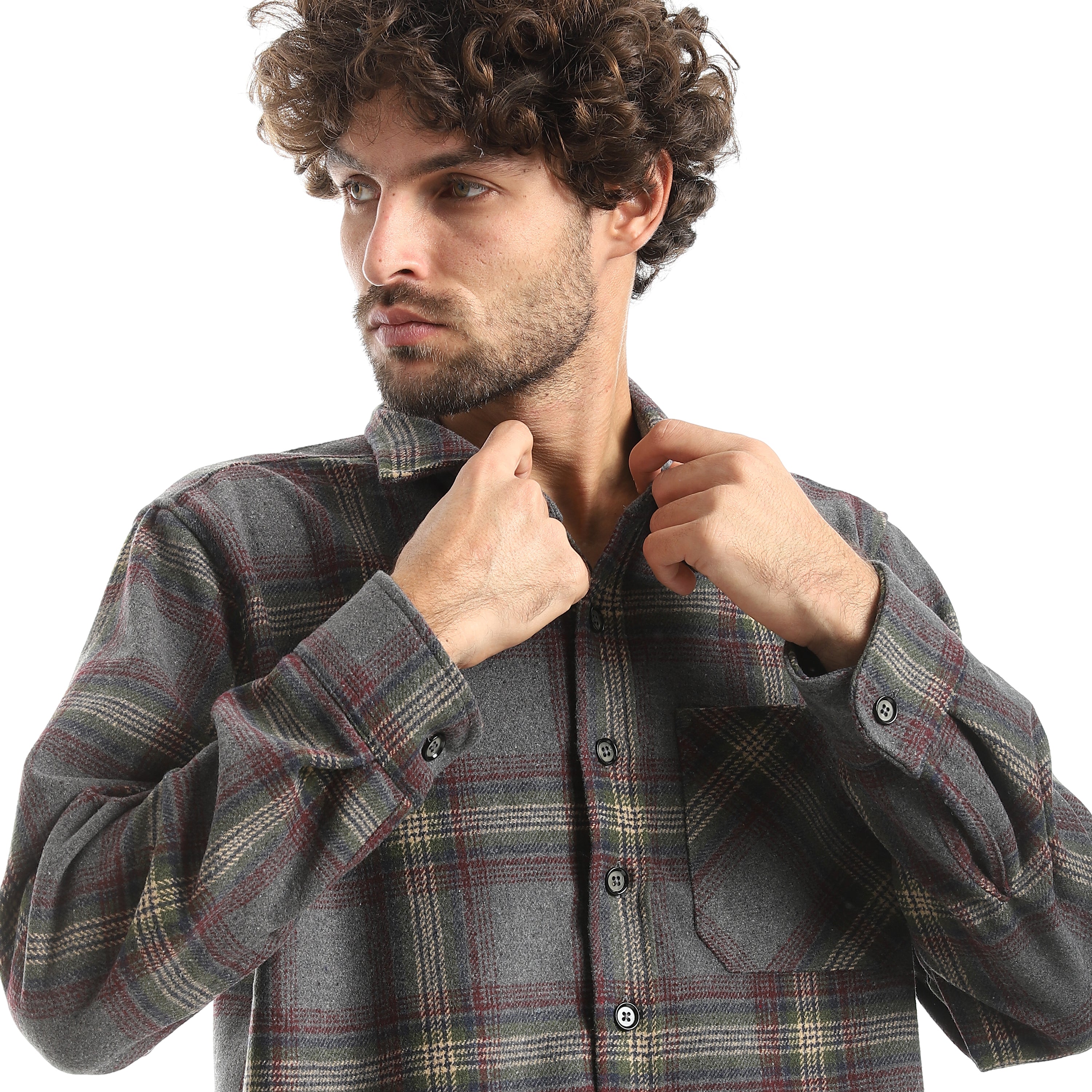 قميص اكتف رجالي كاروه بكم 1جيب - رمادي*ابيض