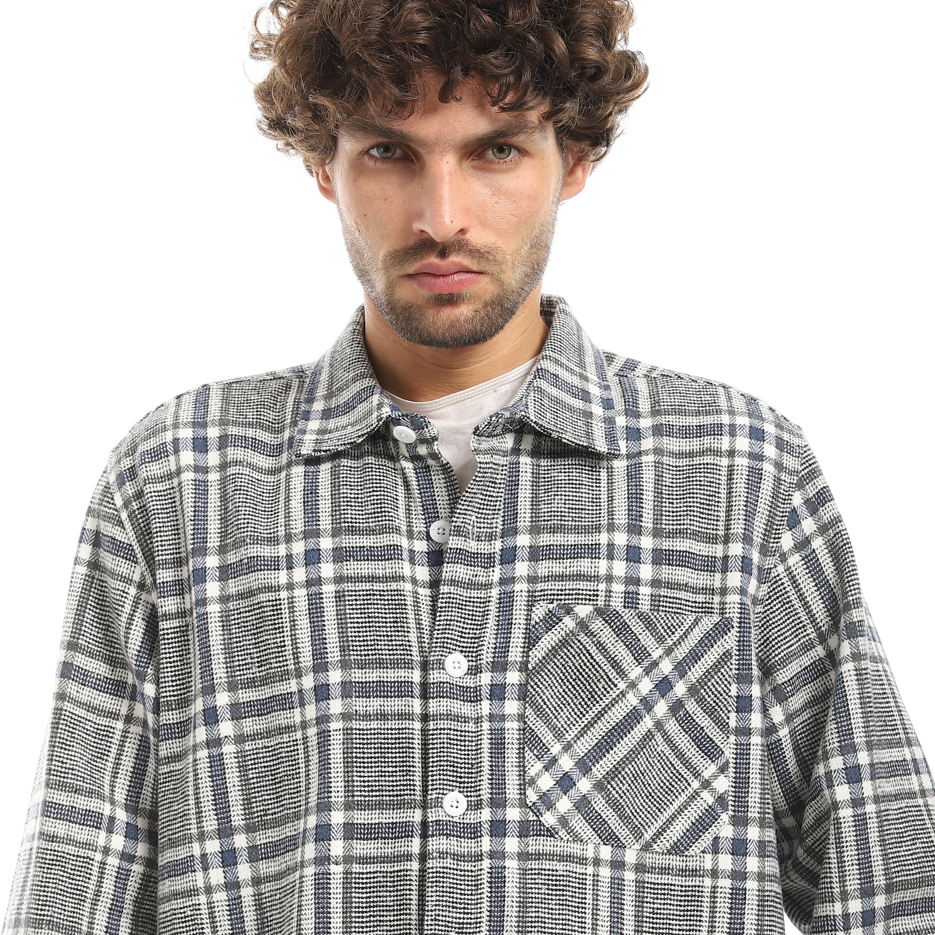 L/S CHECKED SHIRT WITH POCKET - GRY & WHT