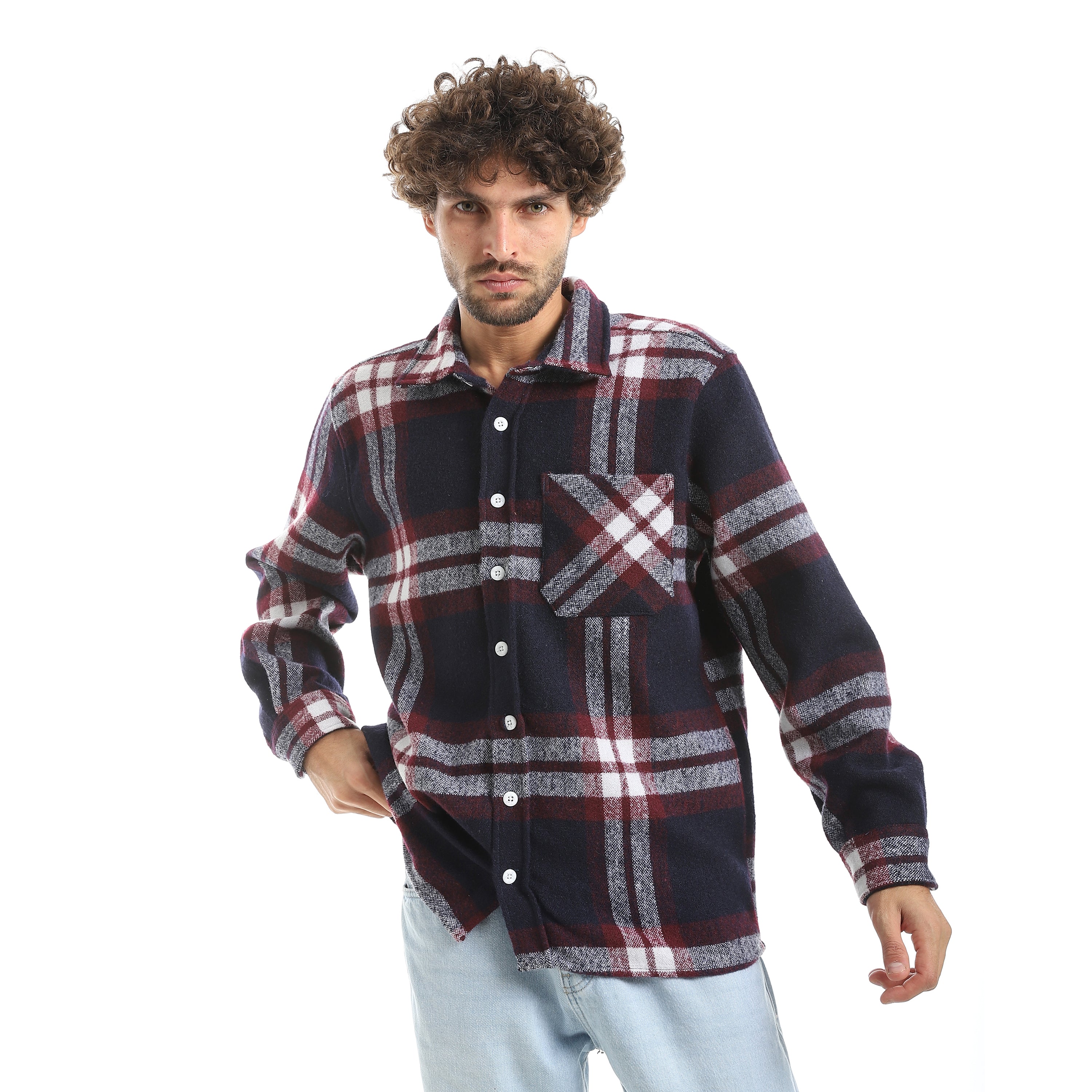 قميص اكتف رجالي كاروه بكم 1جيب - كحلي*احمر