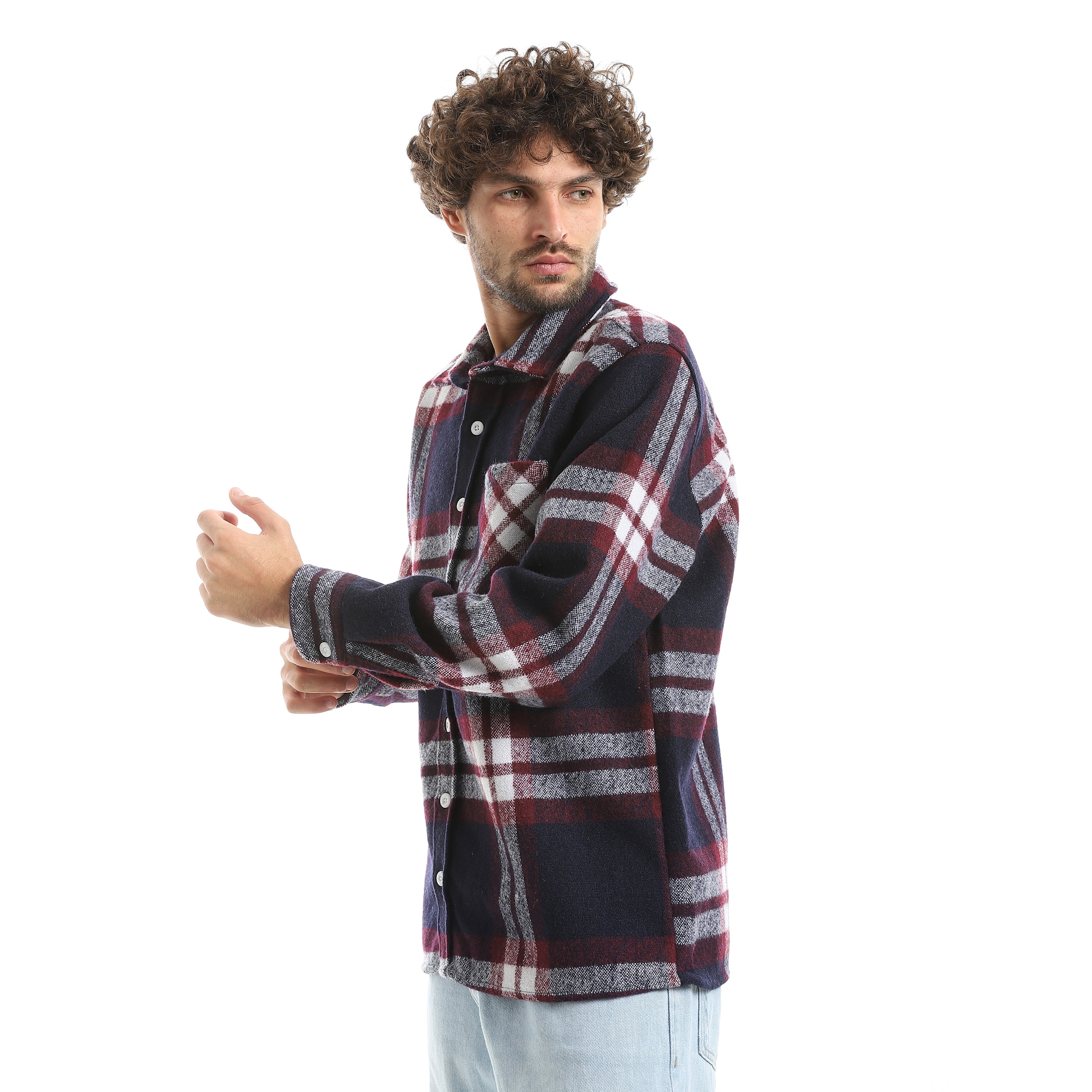 قميص اكتف رجالي كاروه بكم 1جيب - كحلي*احمر