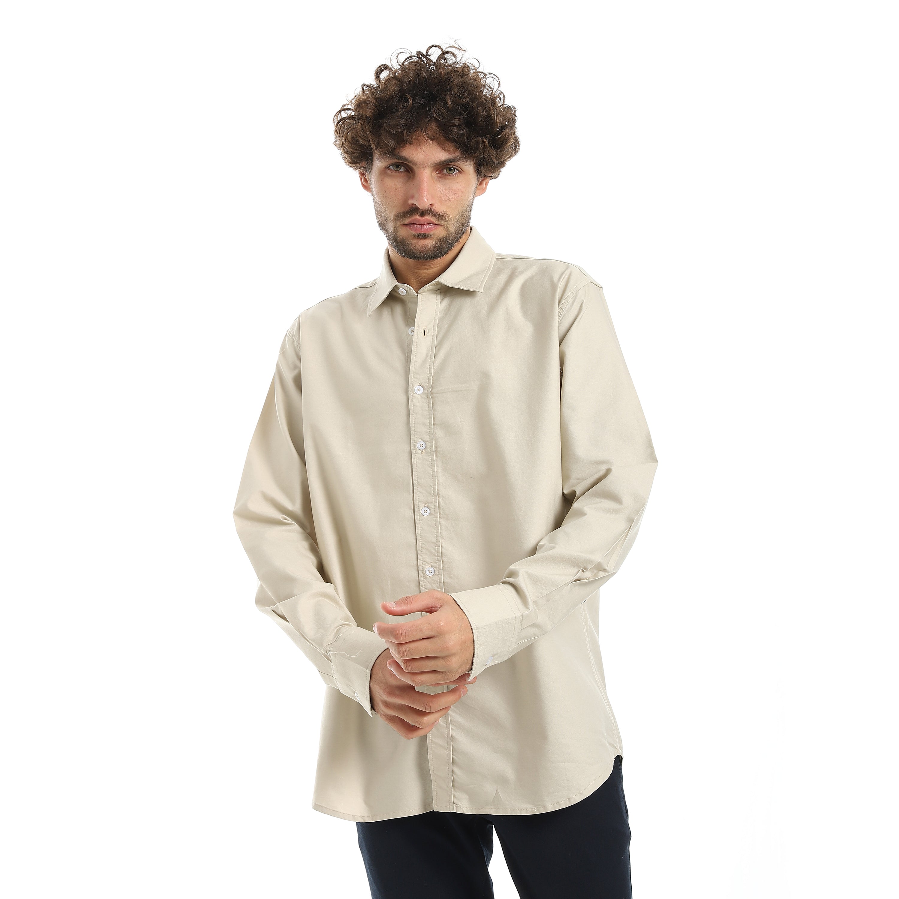 MEN'S L/S PLAIN CLASSIC SHIRT - بيج