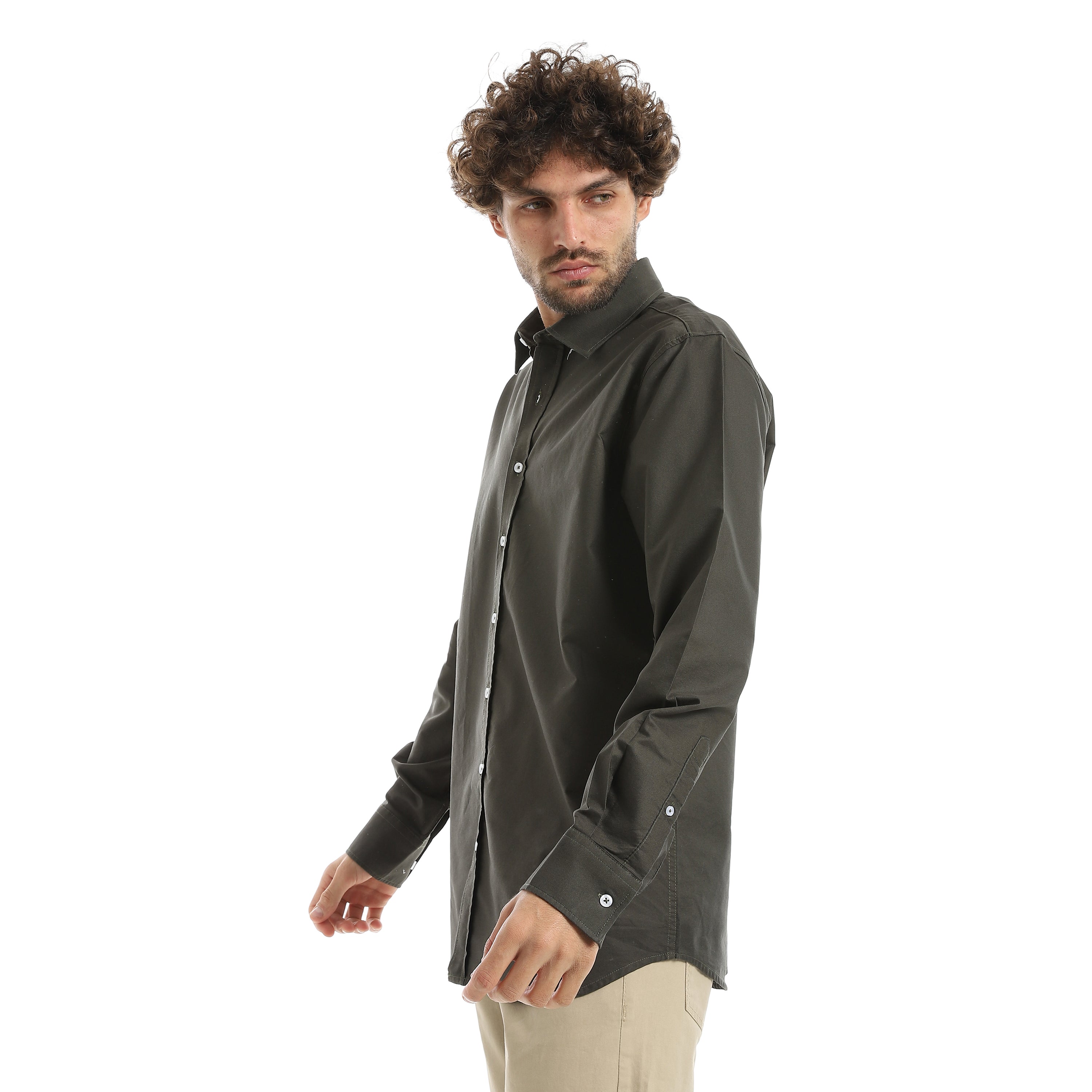 MEN'S L/S PLAIN CLASSIC SHIRT - زيتوني