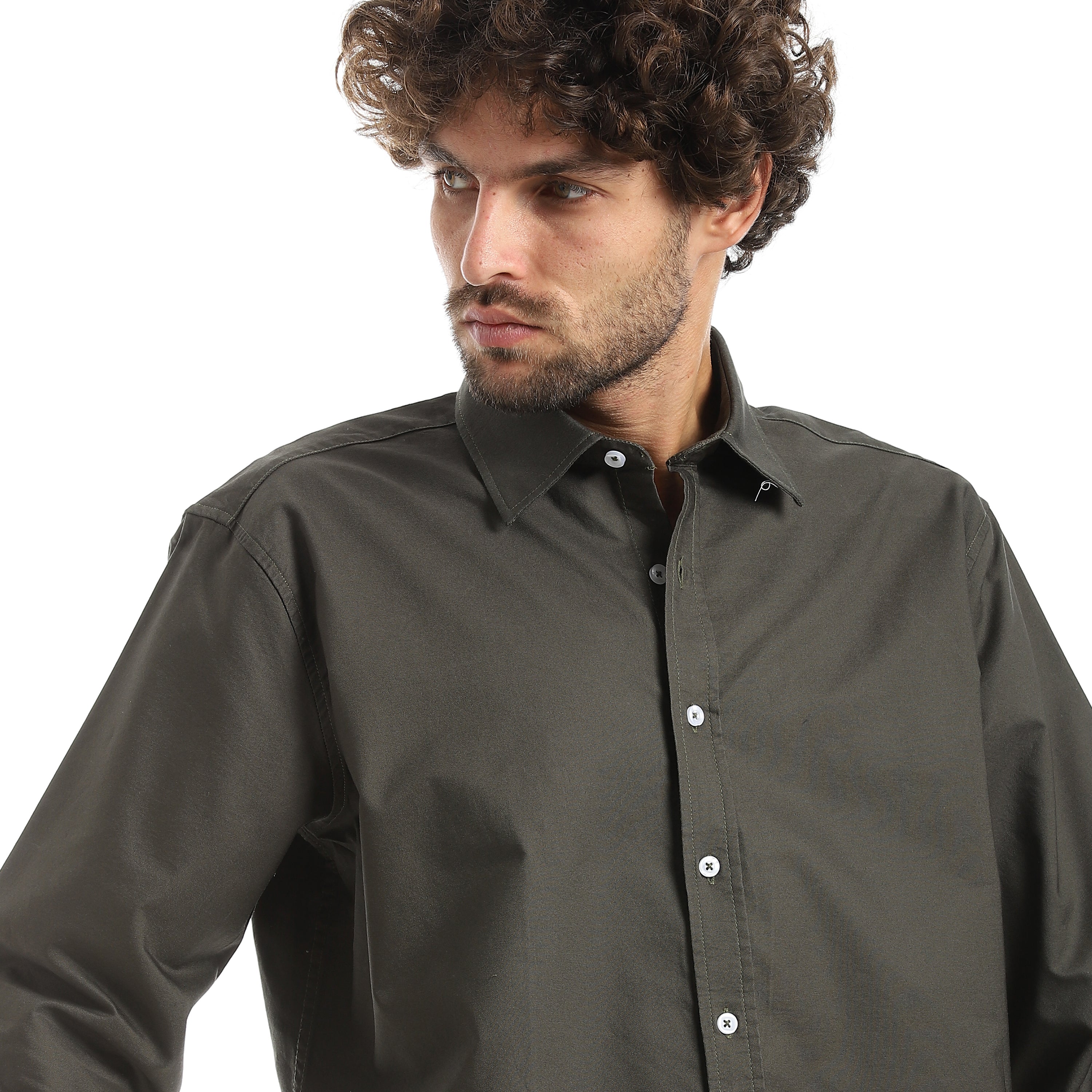 MEN'S L/S PLAIN CLASSIC SHIRT - زيتوني