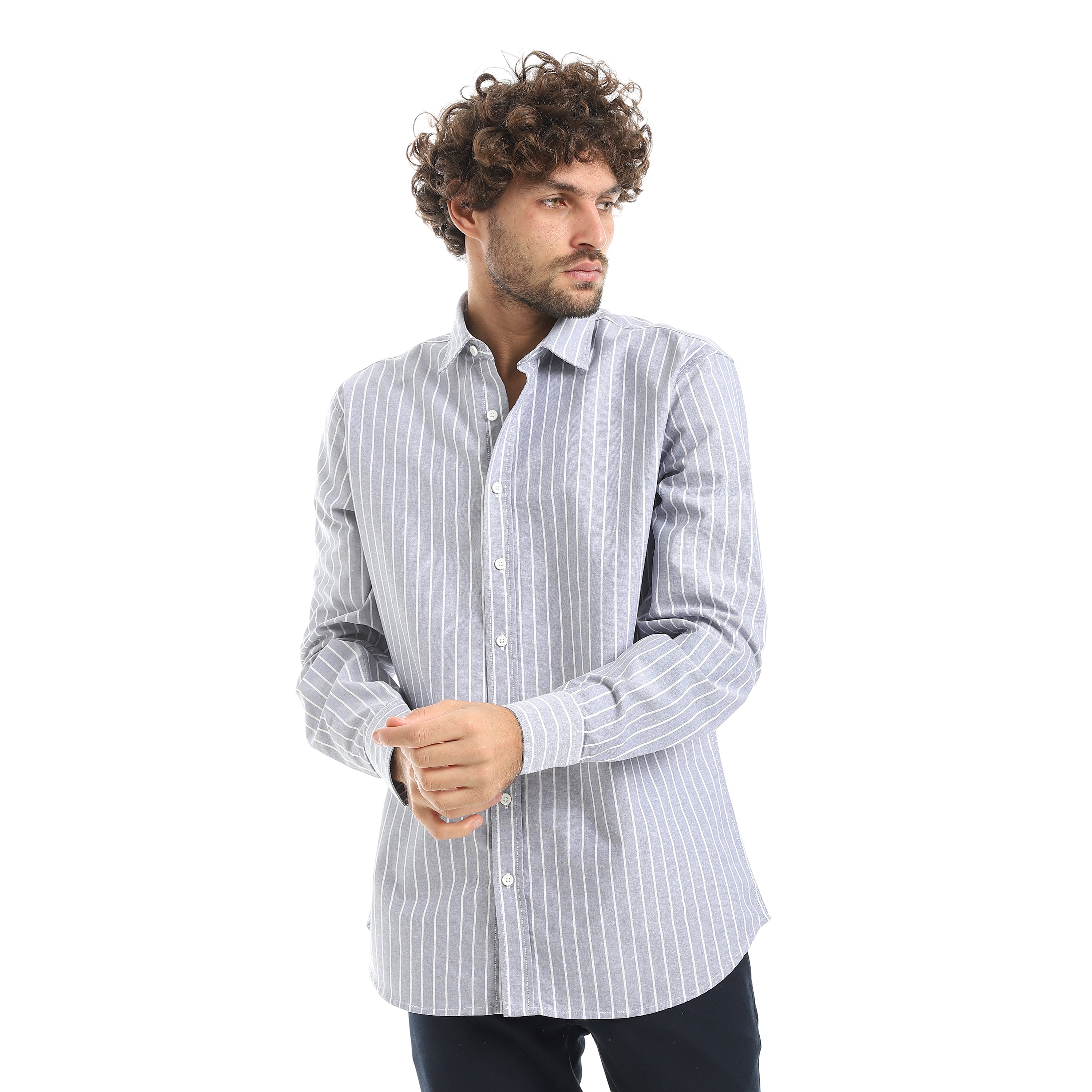 MEN'S L/S THIN STRIPED SHIRT - NAVY