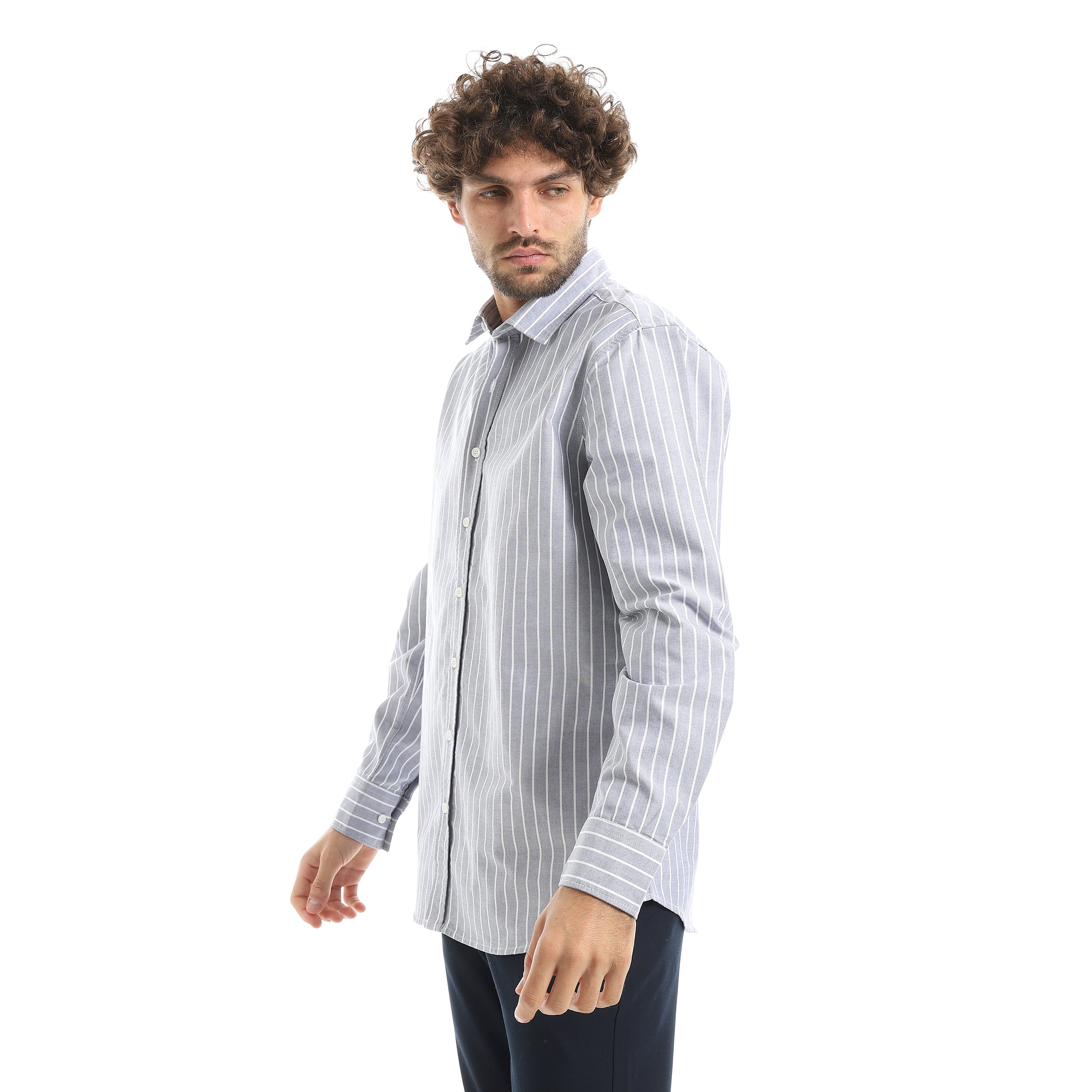 MEN'S L/S THIN STRIPED SHIRT - NAVY