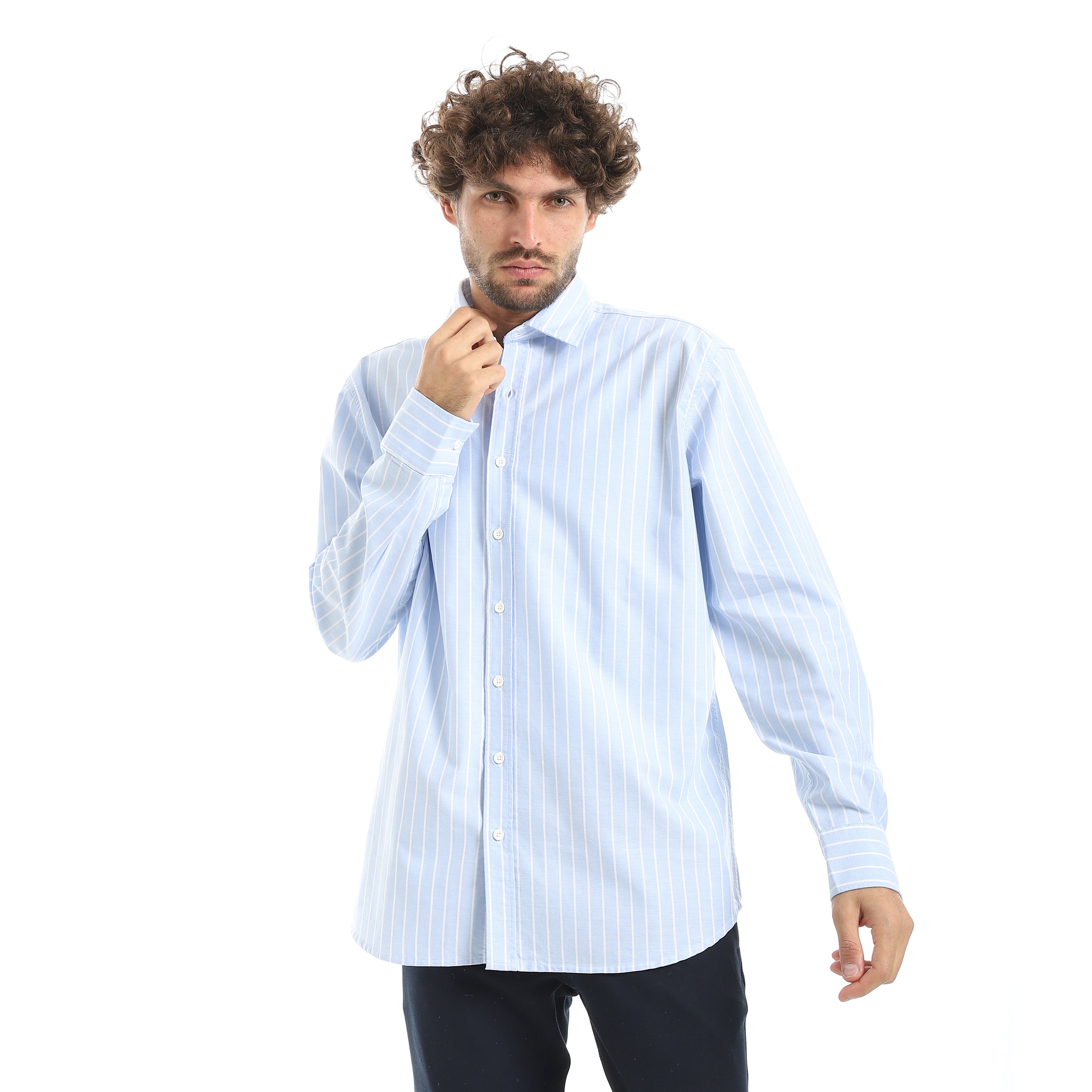 قميص اكتف رجالي مقلم رفيع بكم - لبني