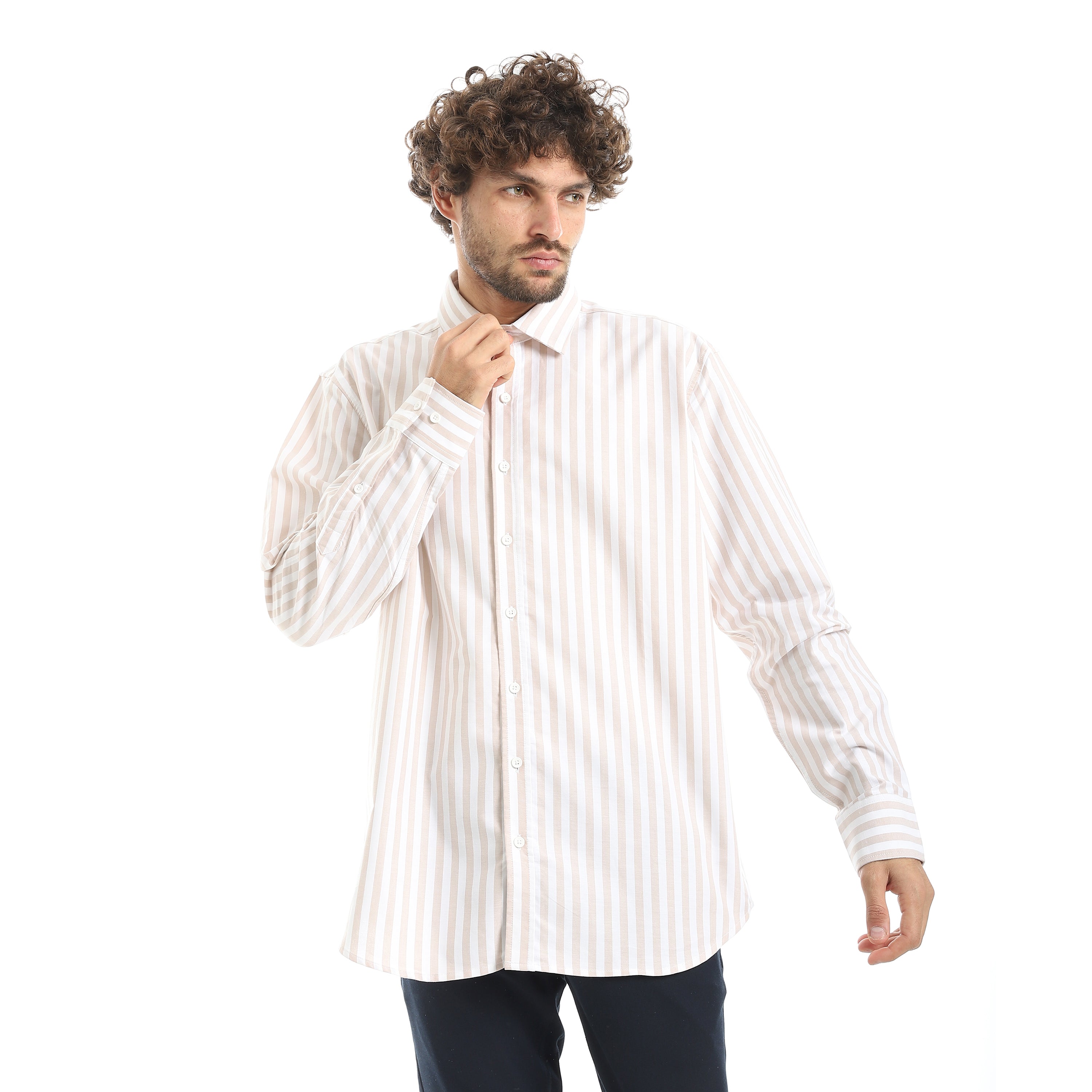 MEN'S L/S WIDE STRIPED SHIRT - بيج