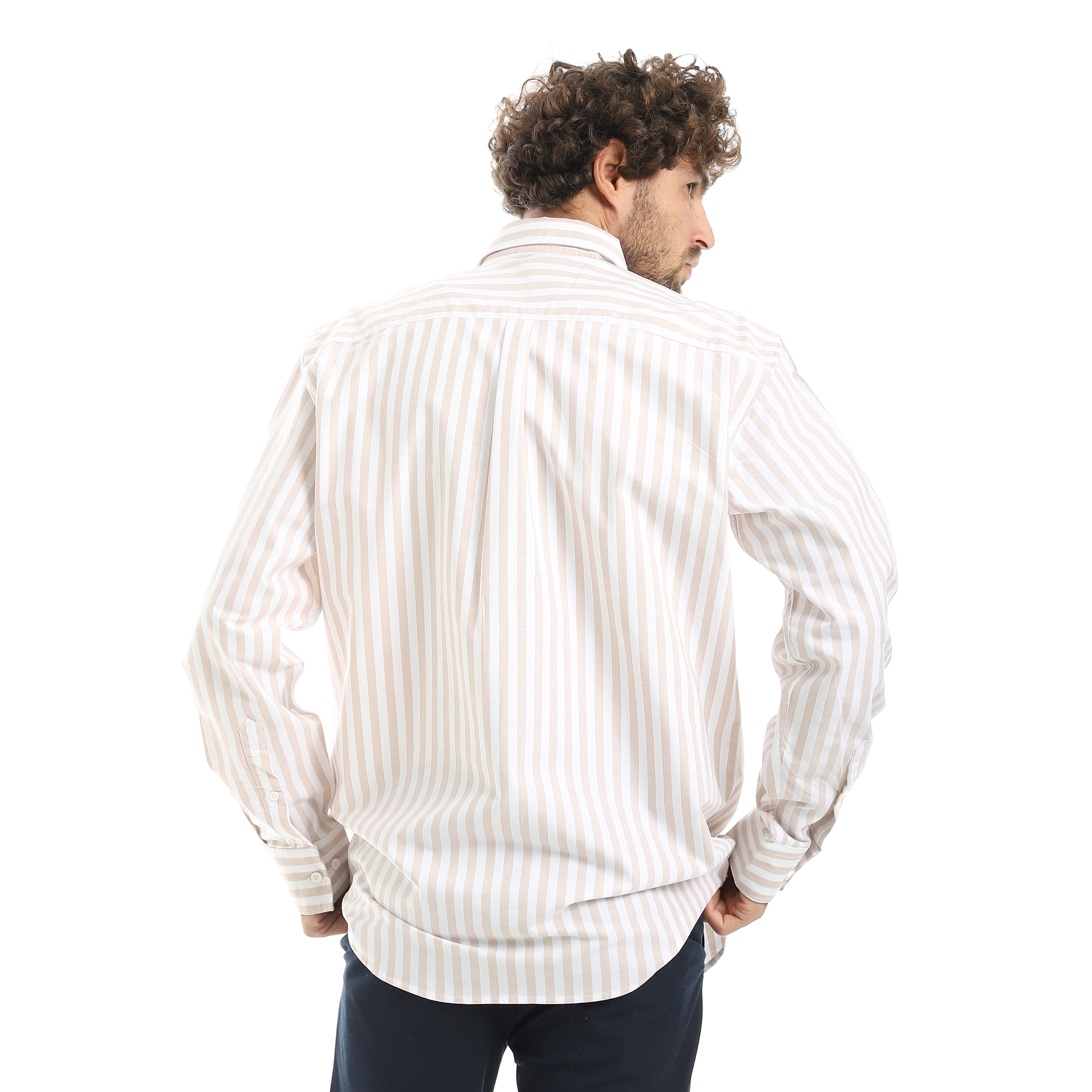 MEN'S L/S WIDE STRIPED SHIRT - بيج