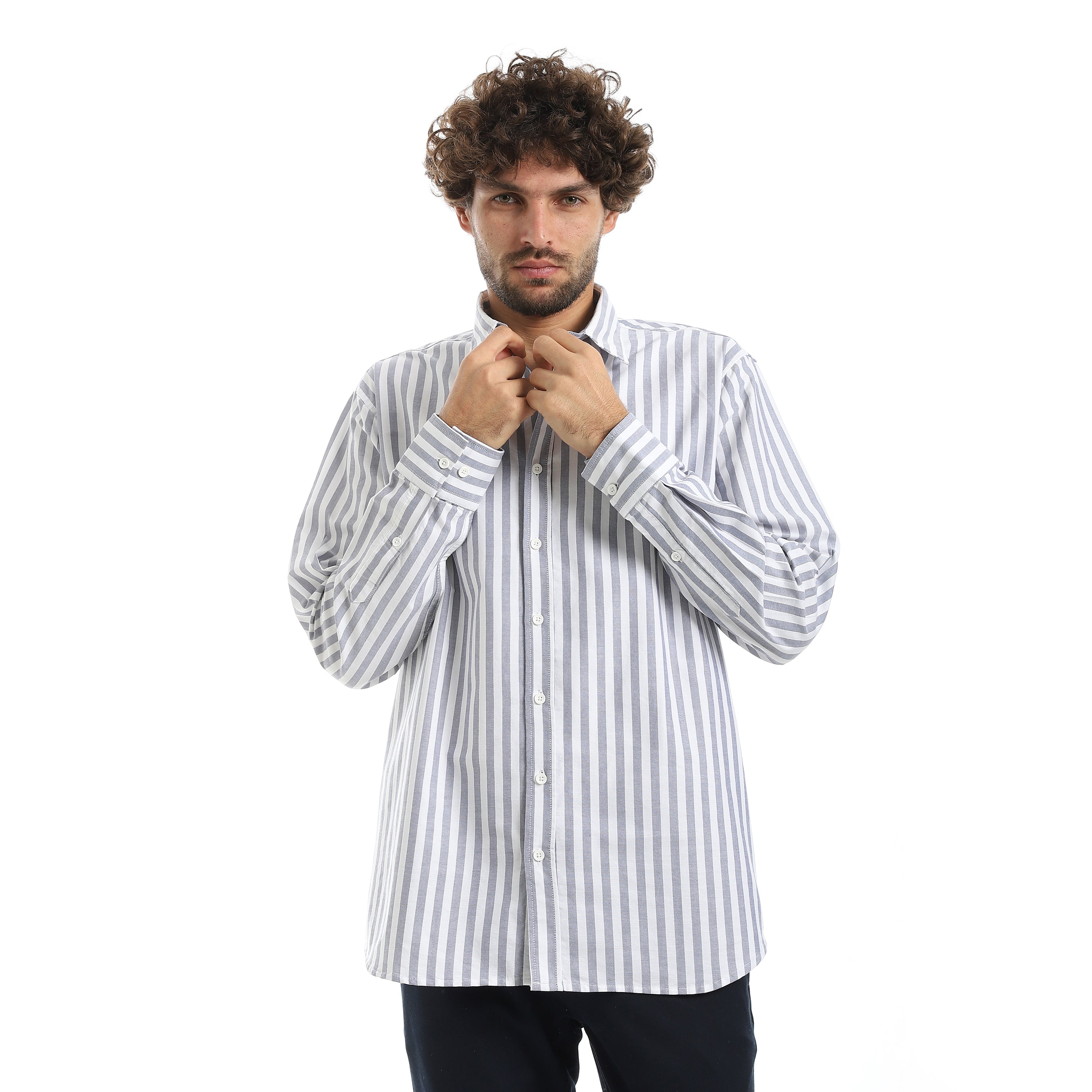 MEN'S L/S WIDE STRIPED SHIRT - رمادي