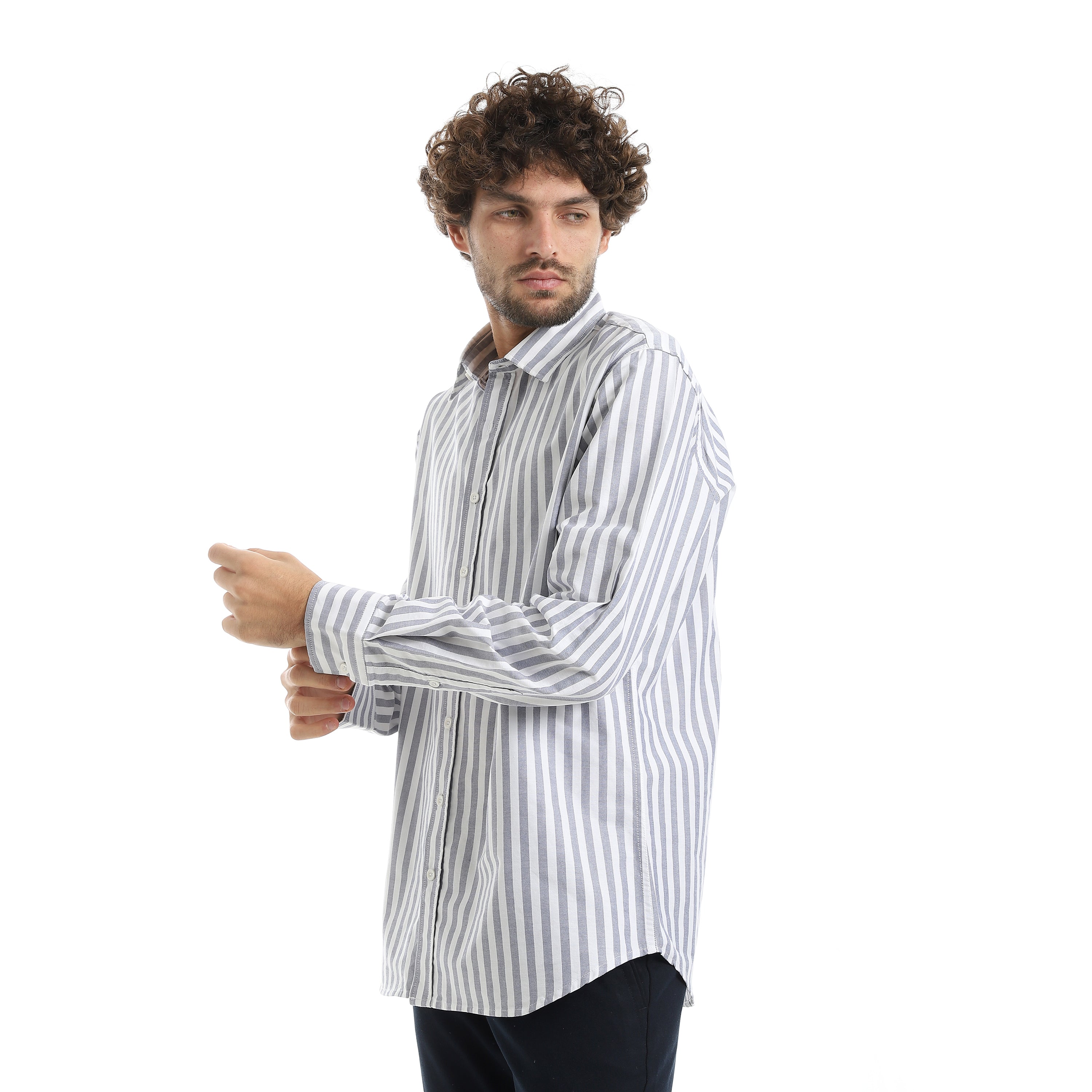 MEN'S L/S WIDE STRIPED SHIRT - كحلي