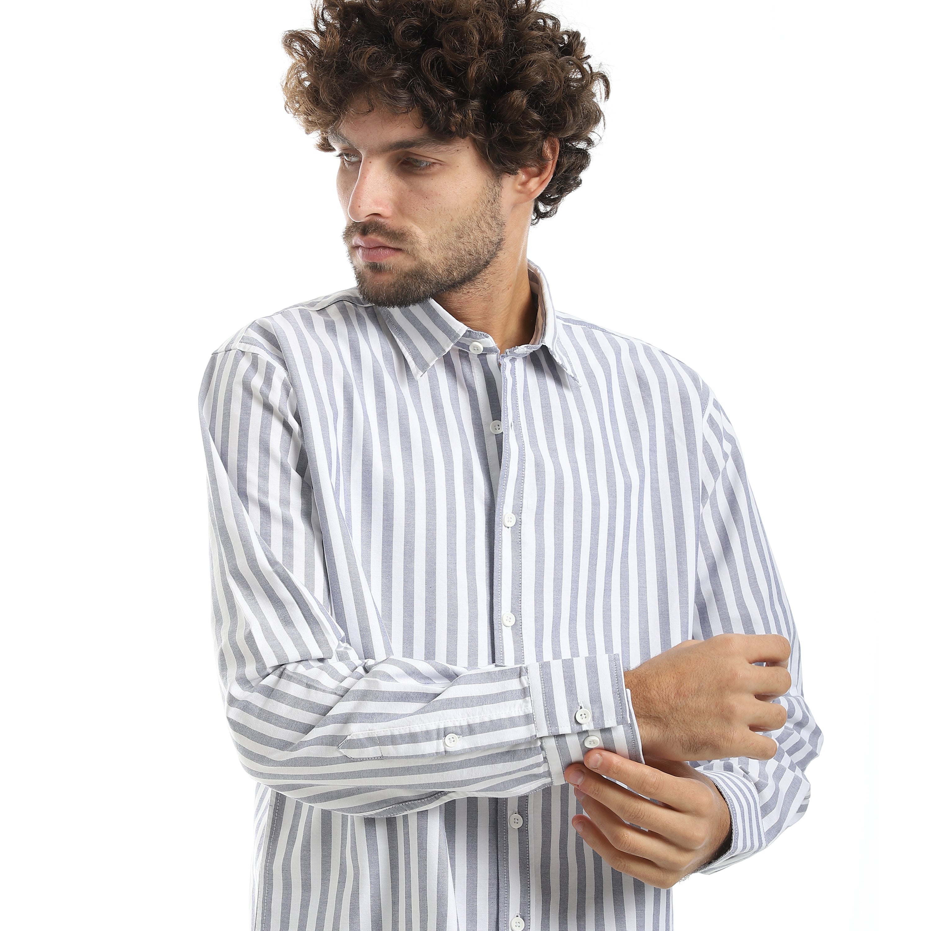 MEN'S L/S WIDE STRIPED SHIRT - رمادي