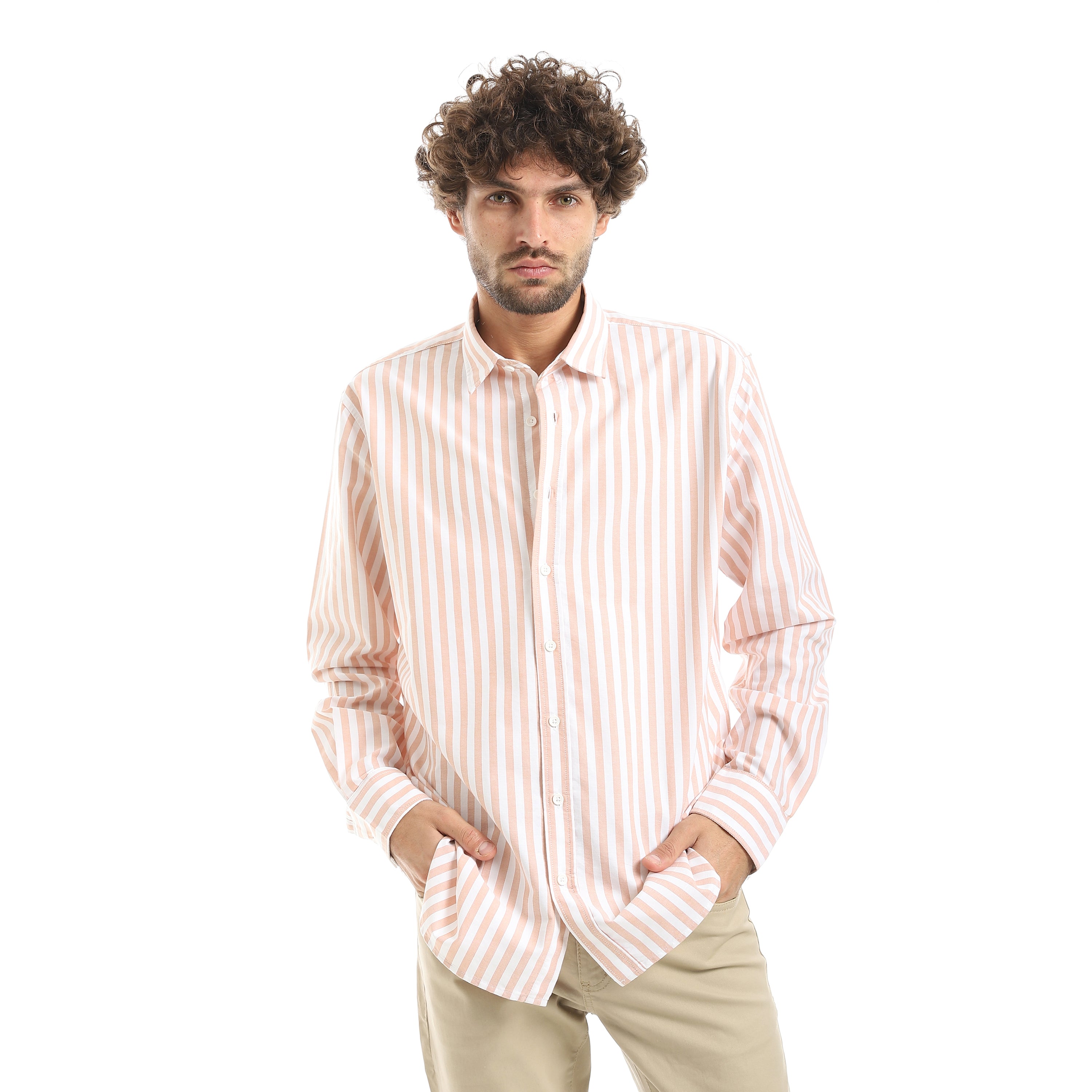 MEN'S L/S WIDE STRIPED SHIRT - برتقالي