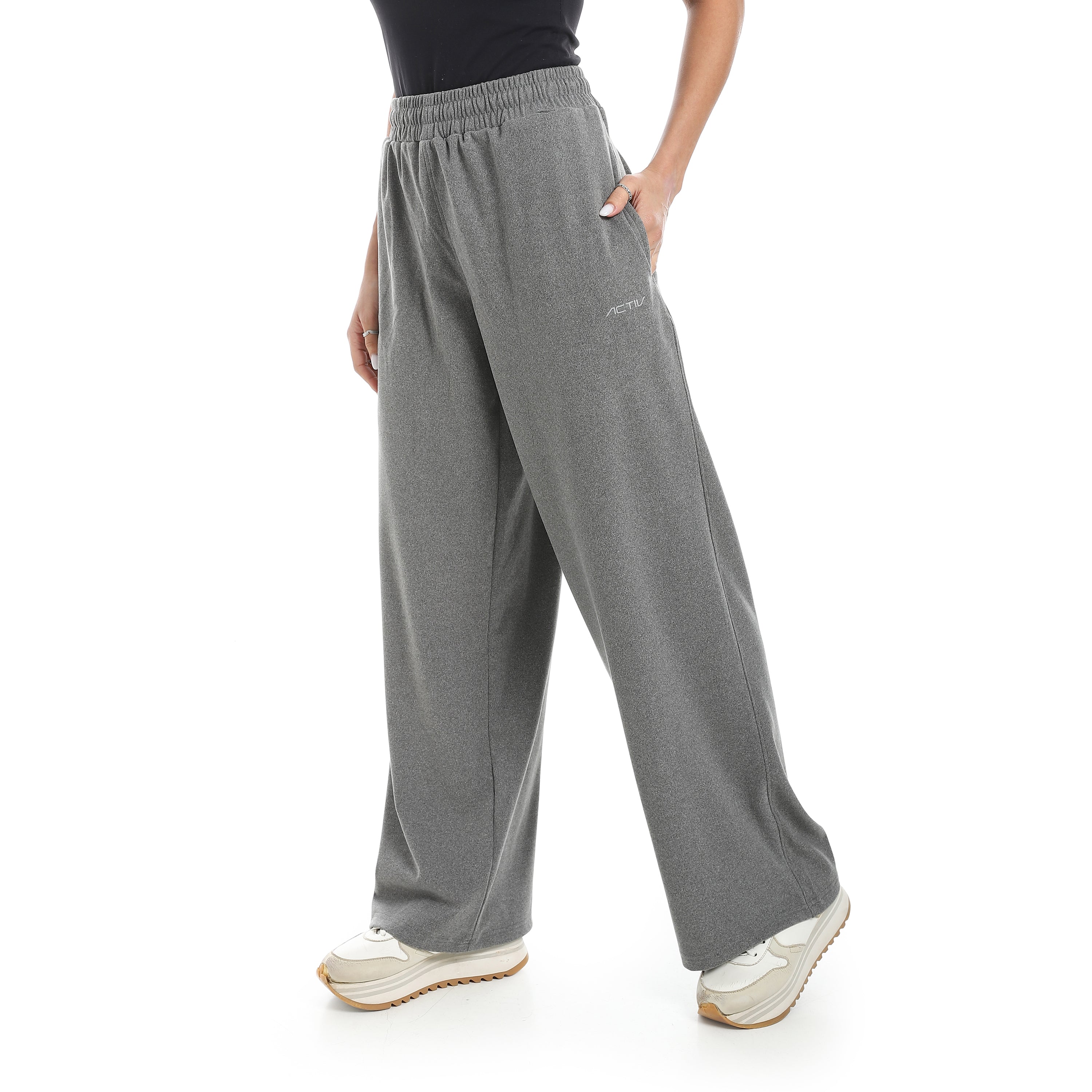 DRAWSTRING WAIST WID LEG PANTS - رمادي