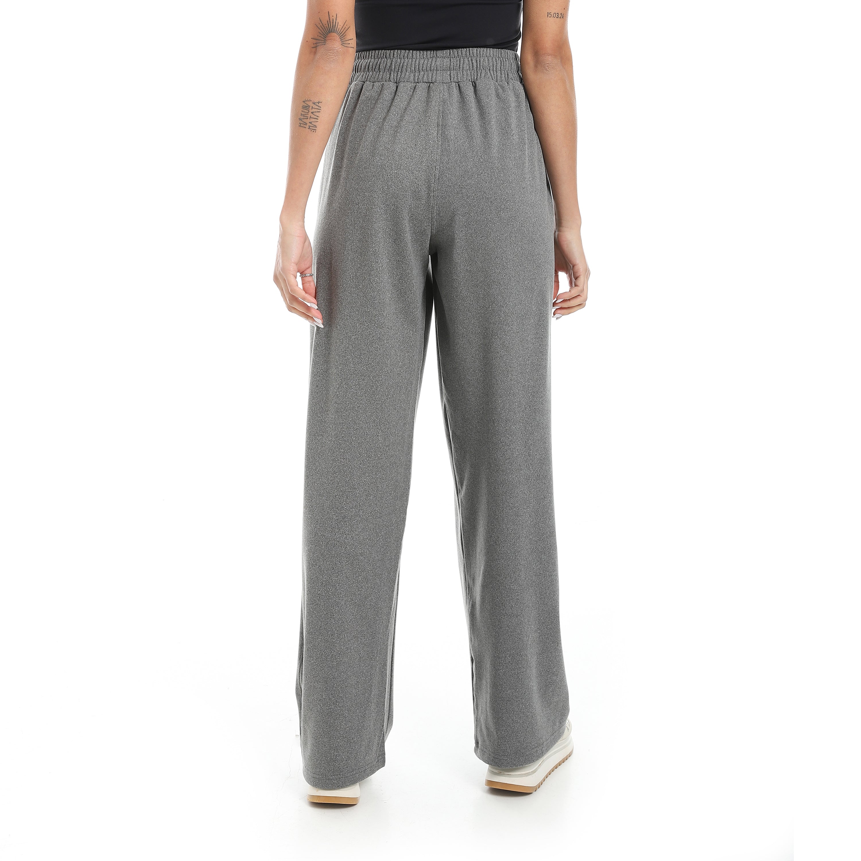 DRAWSTRING WAIST WID LEG PANTS - رمادي