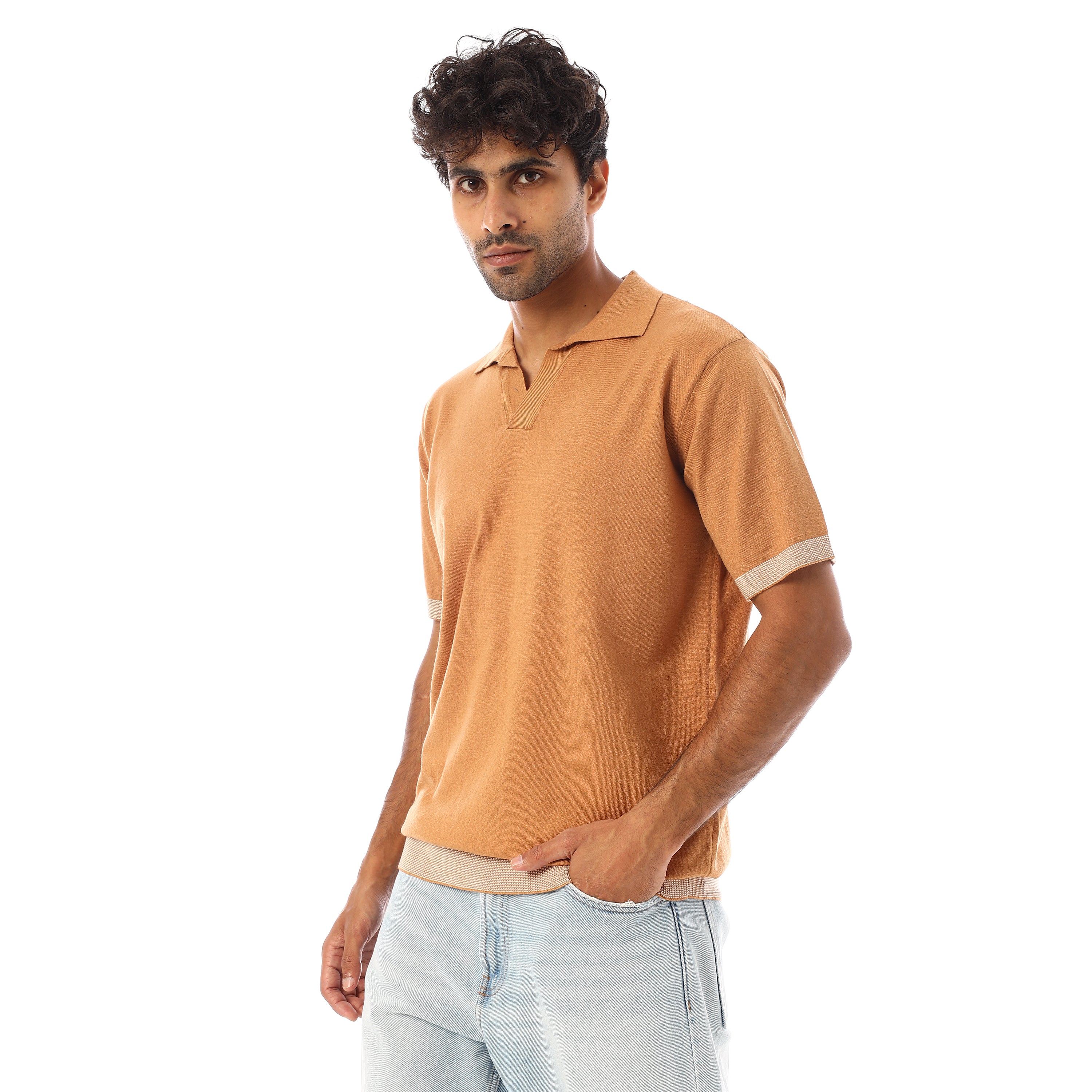 FINE-KNIT COTTON POLO-SHIRT - CAMEL