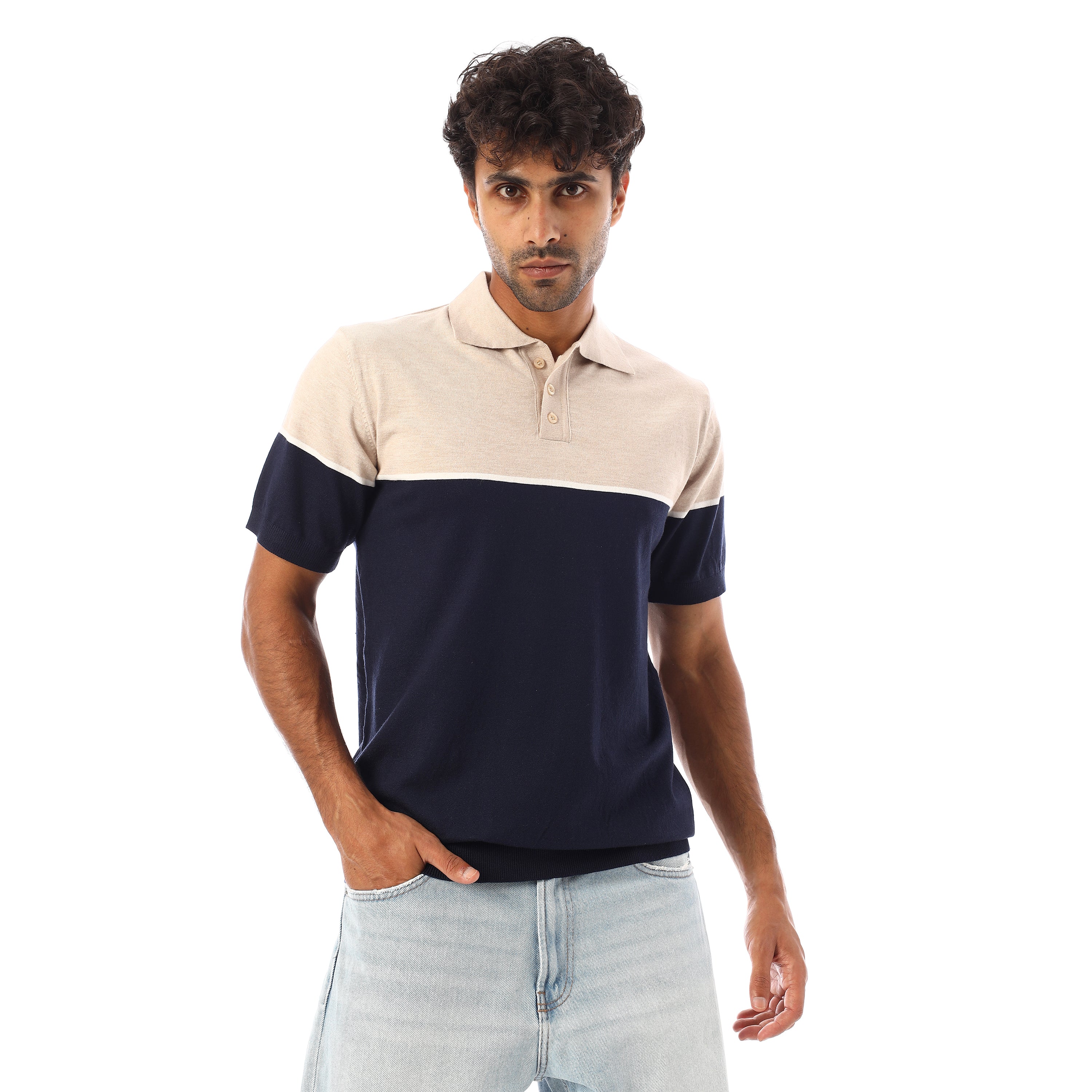 FINE-KNIT COTTON POLO-SHIRT - NVY & BGE