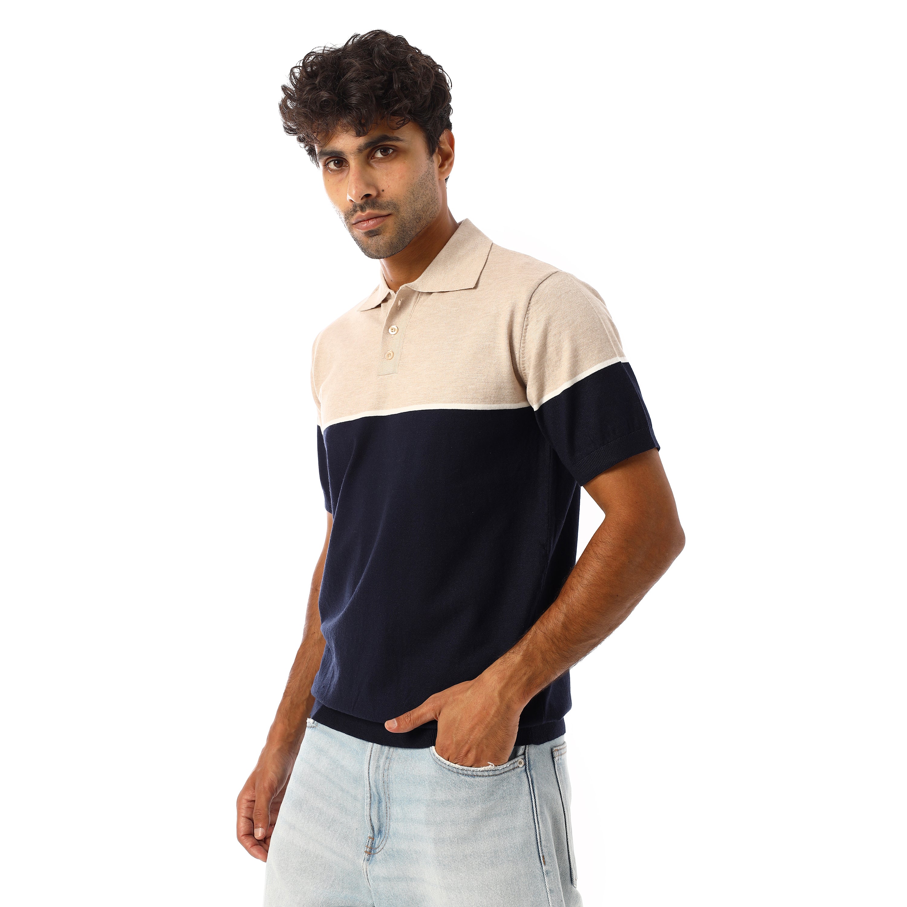 FINE-KNIT COTTON POLO-SHIRT - NVY & BGE