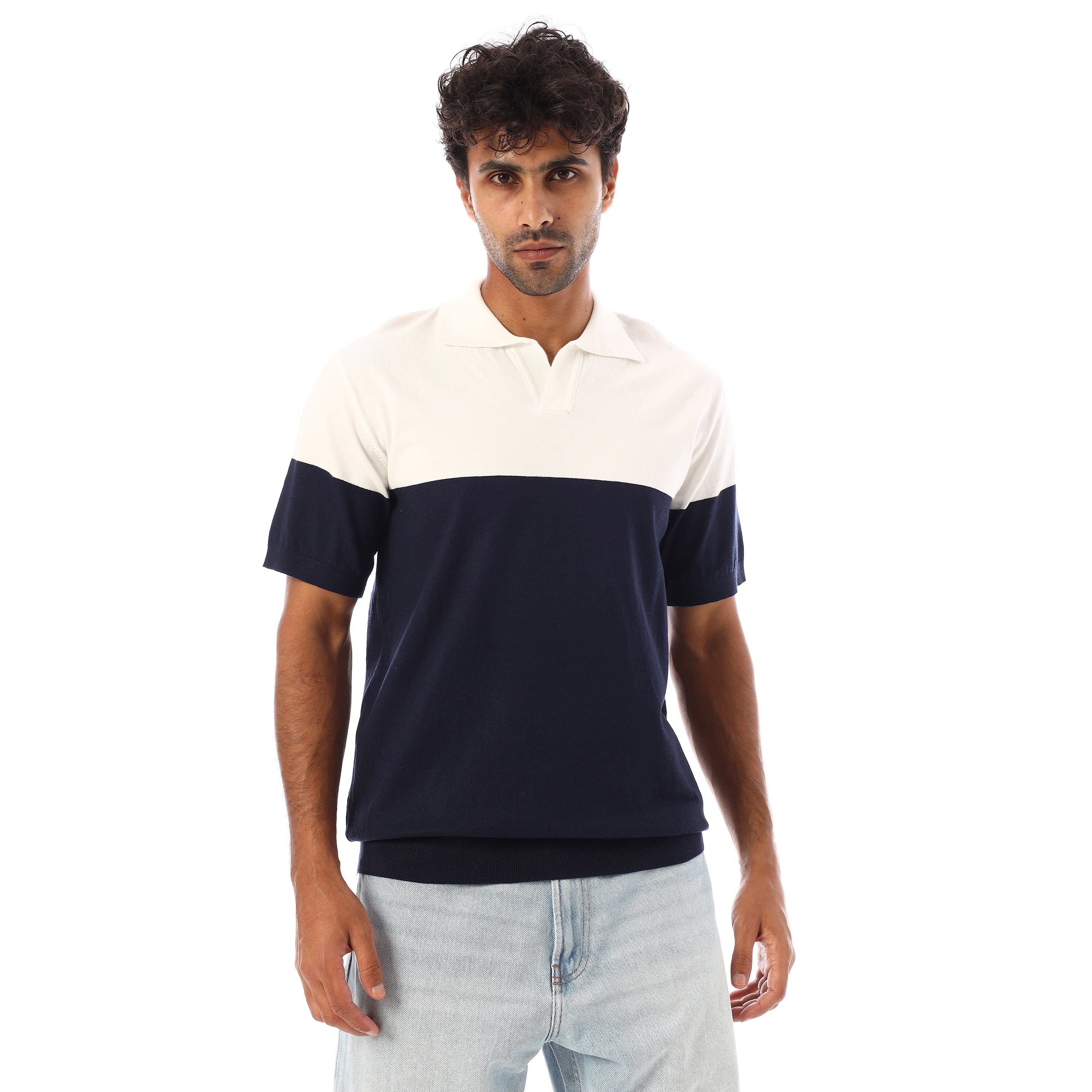 FINE-KNIT COTTON POLO-SHIRT - NVY & WHT