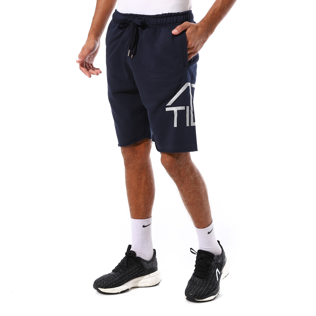 SIDE SPLIT LOGO PRINT SHORTS - D.BLUE