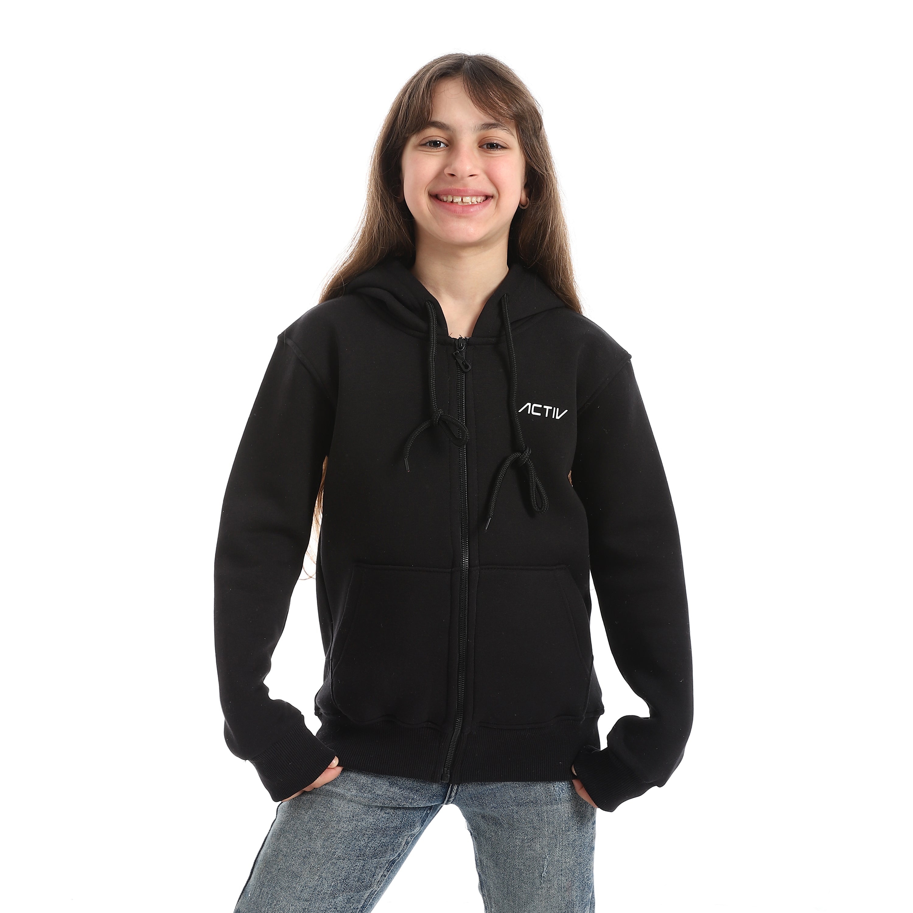 سويتشيرت هودي اكتف بناتي سوستة - اسود