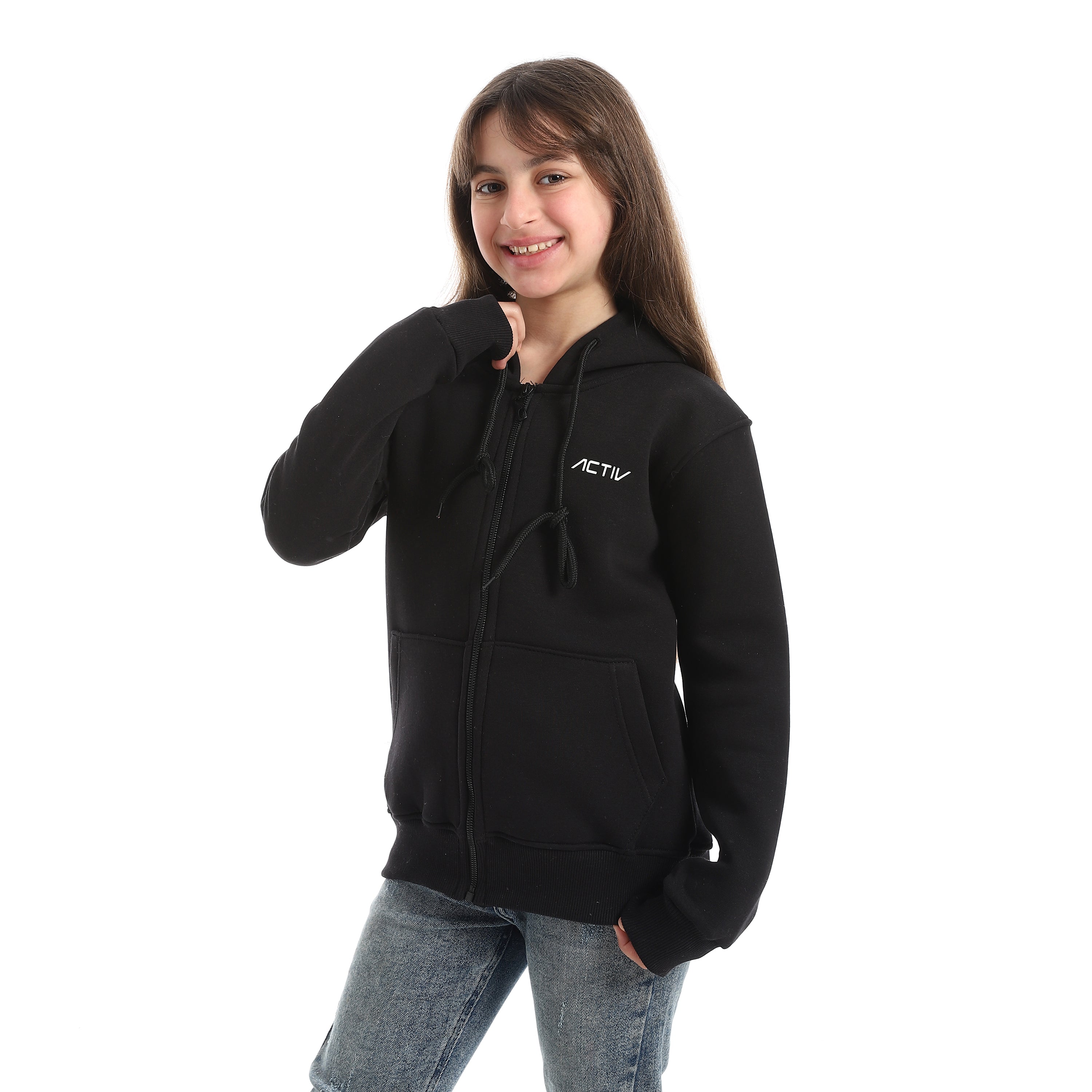 سويتشيرت هودي اكتف بناتي سوستة - اسود