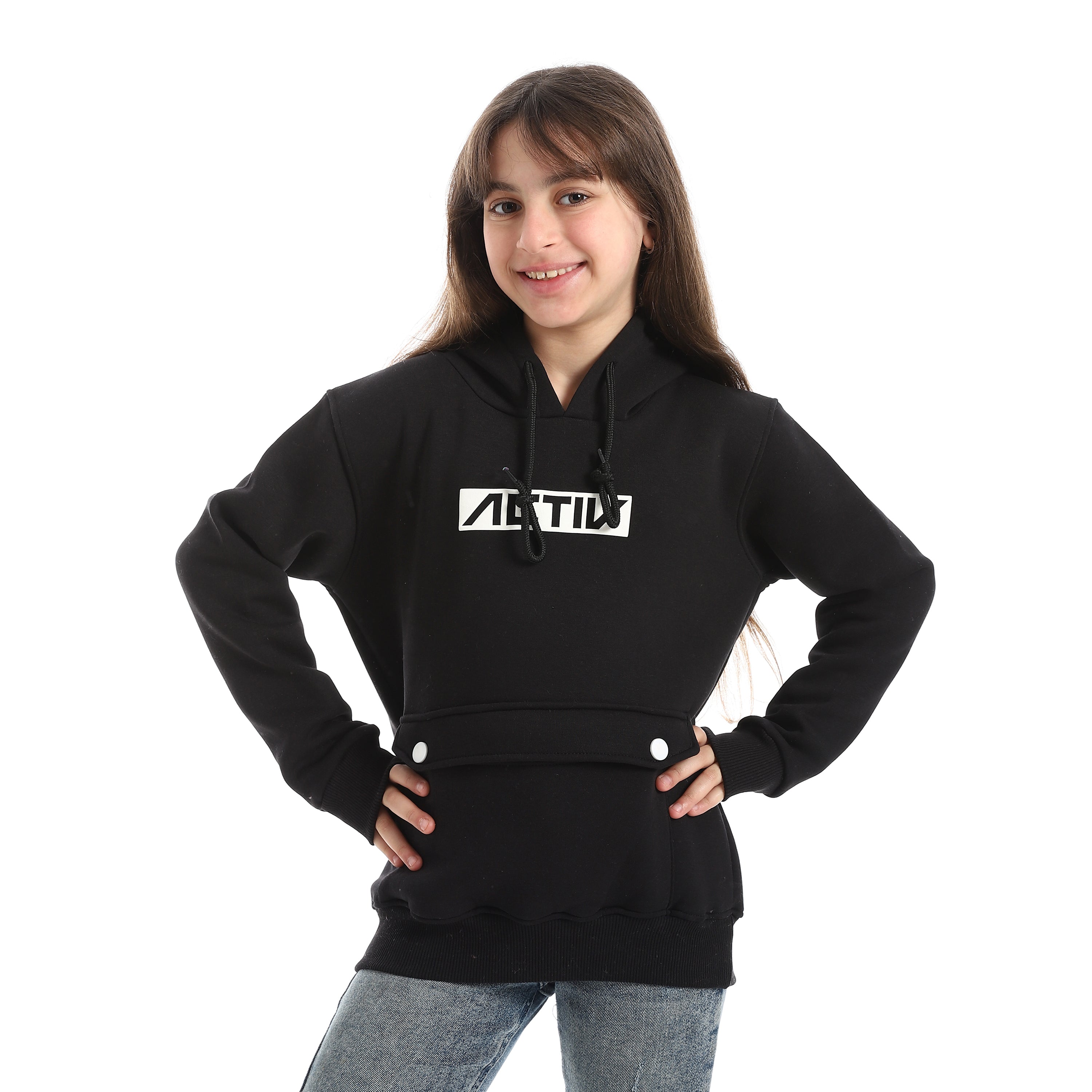 سويت شيرت هودي اكتف بناتي - اسود