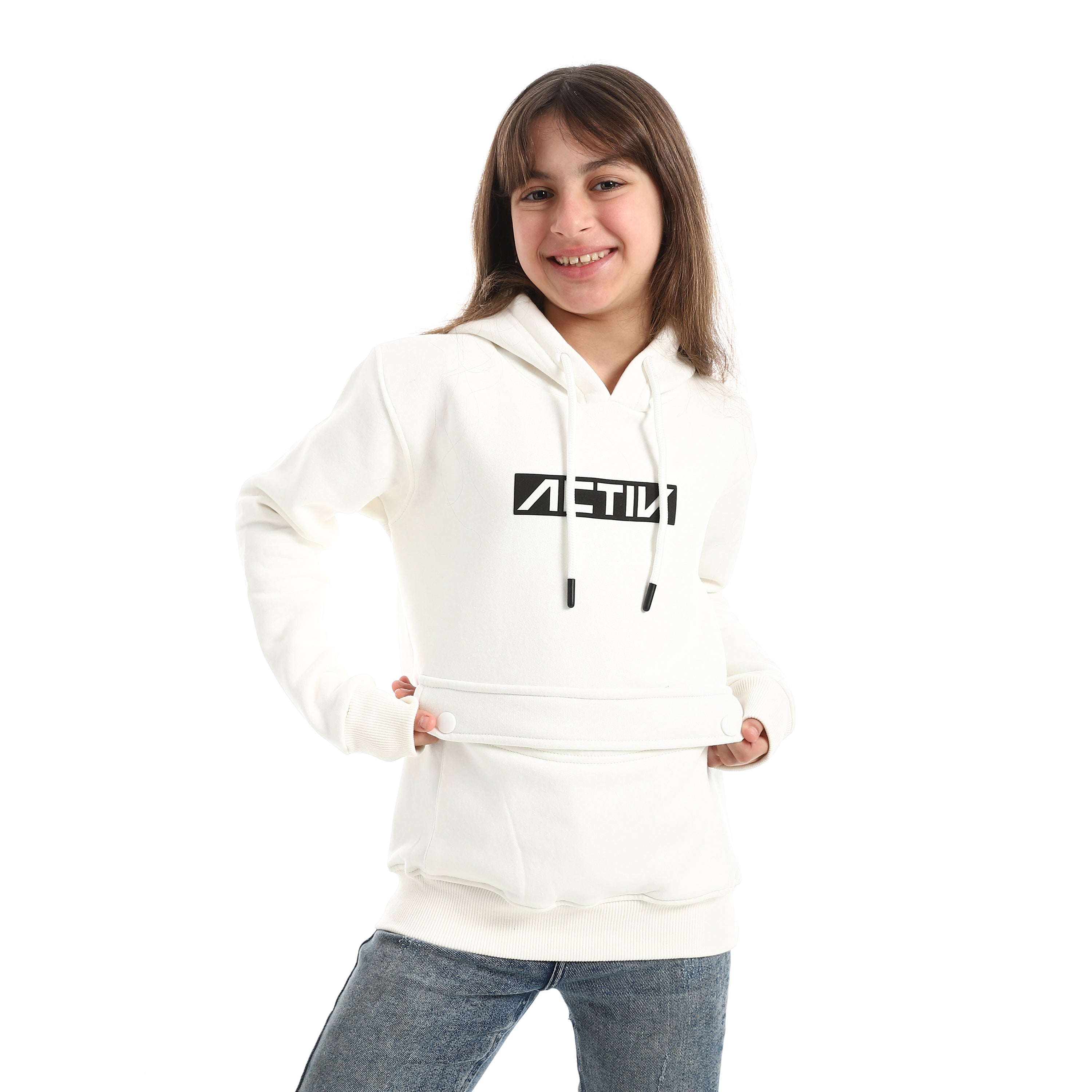سويت شيرت هودي اكتف بناتي - ابيض