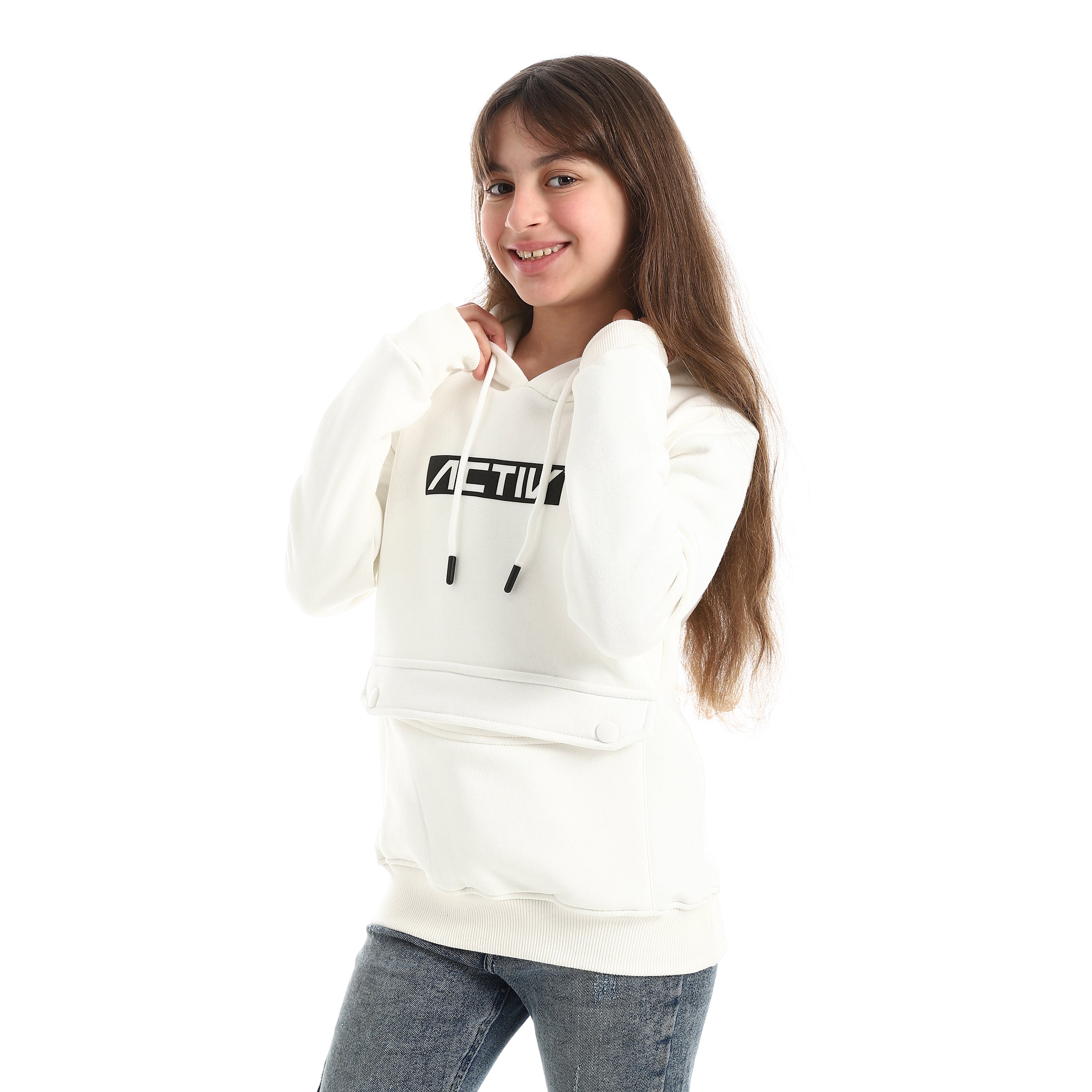 سويت شيرت هودي اكتف بناتي - ابيض