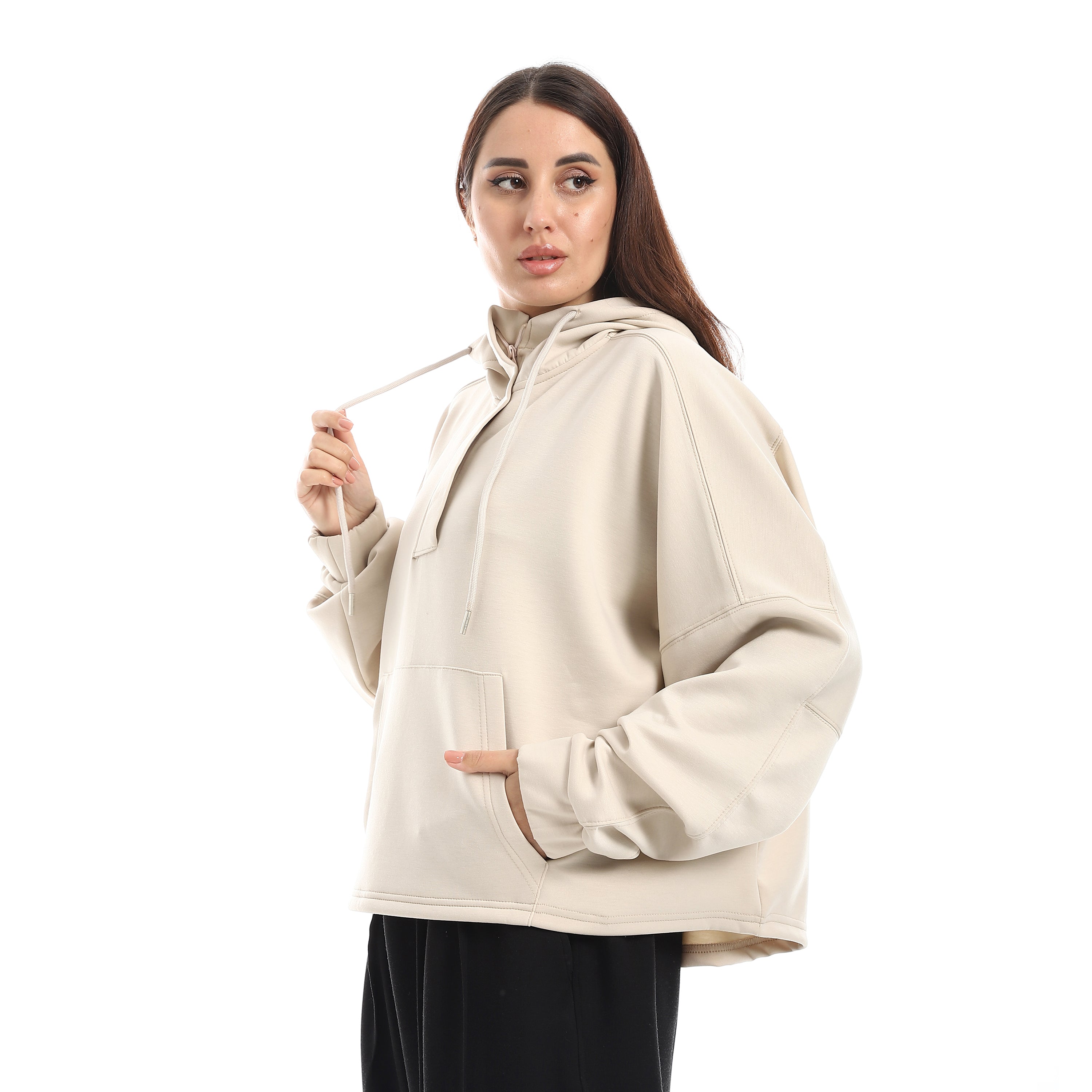 SOFT OVERSIZ ZIP-UP SWEATSHIRT - BEIGE