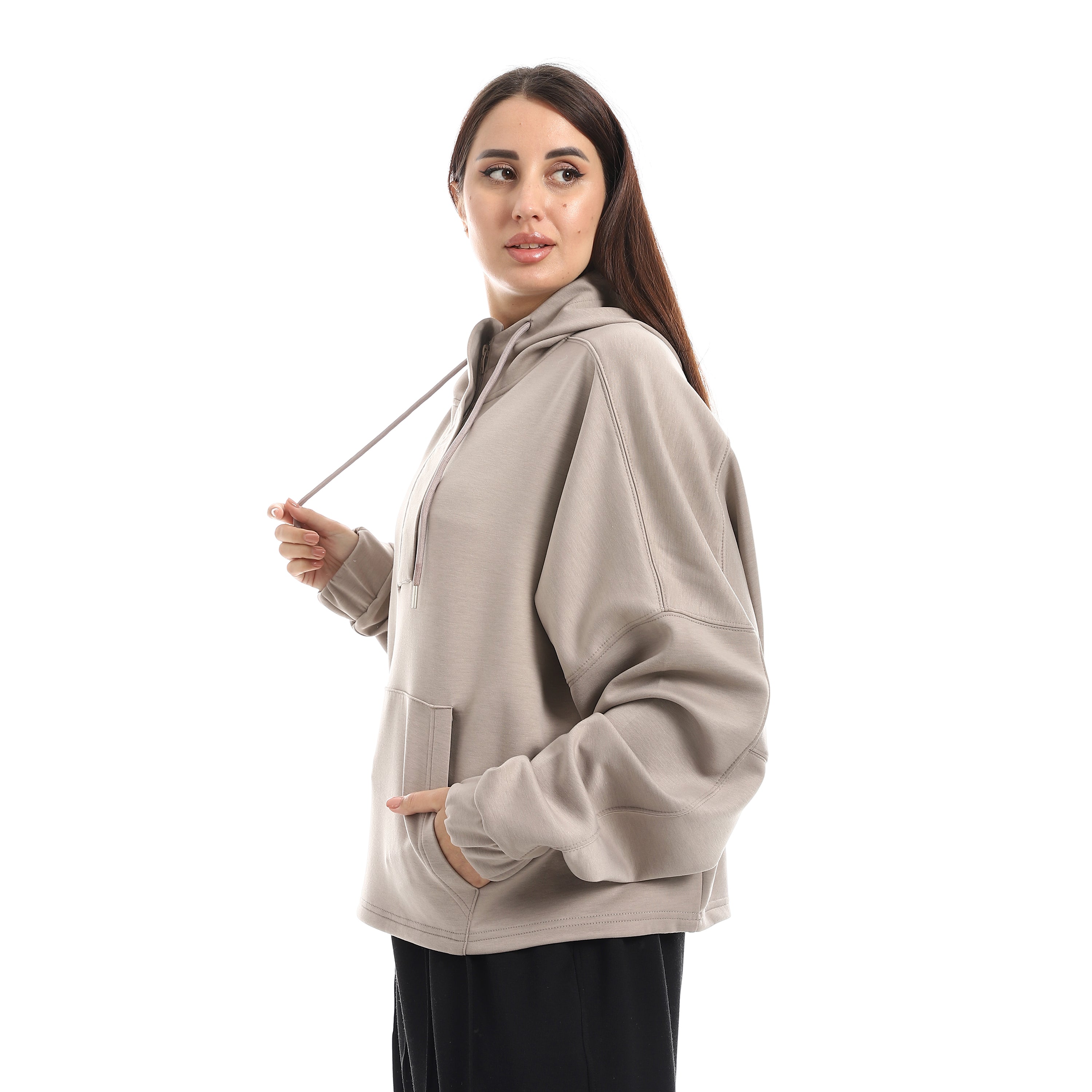 SOFT OVERSIZ ZIP-UP SWEATSHIRT - GREIGE