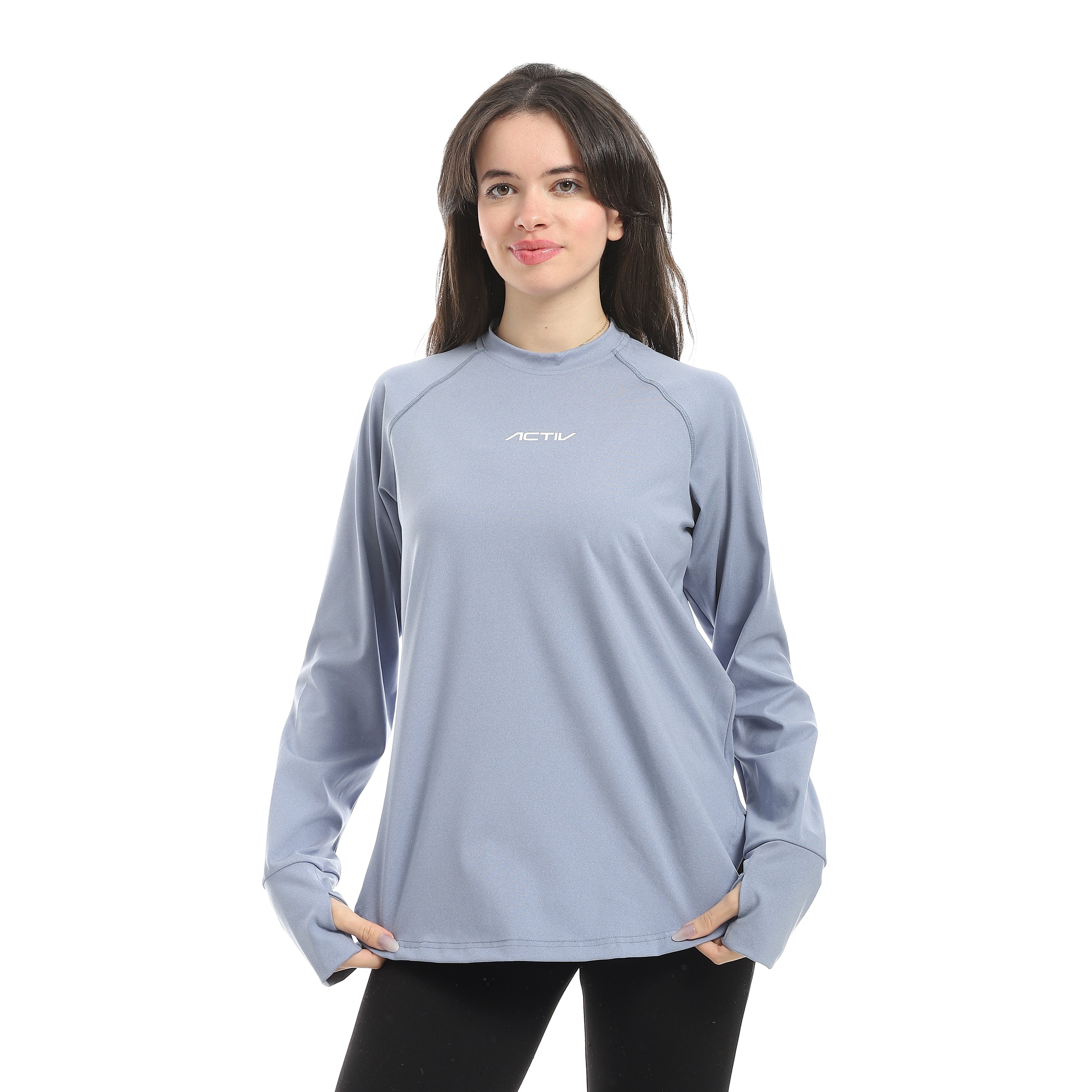 ROUND HEM LONG SLEEVE TOP - L.BLUE
