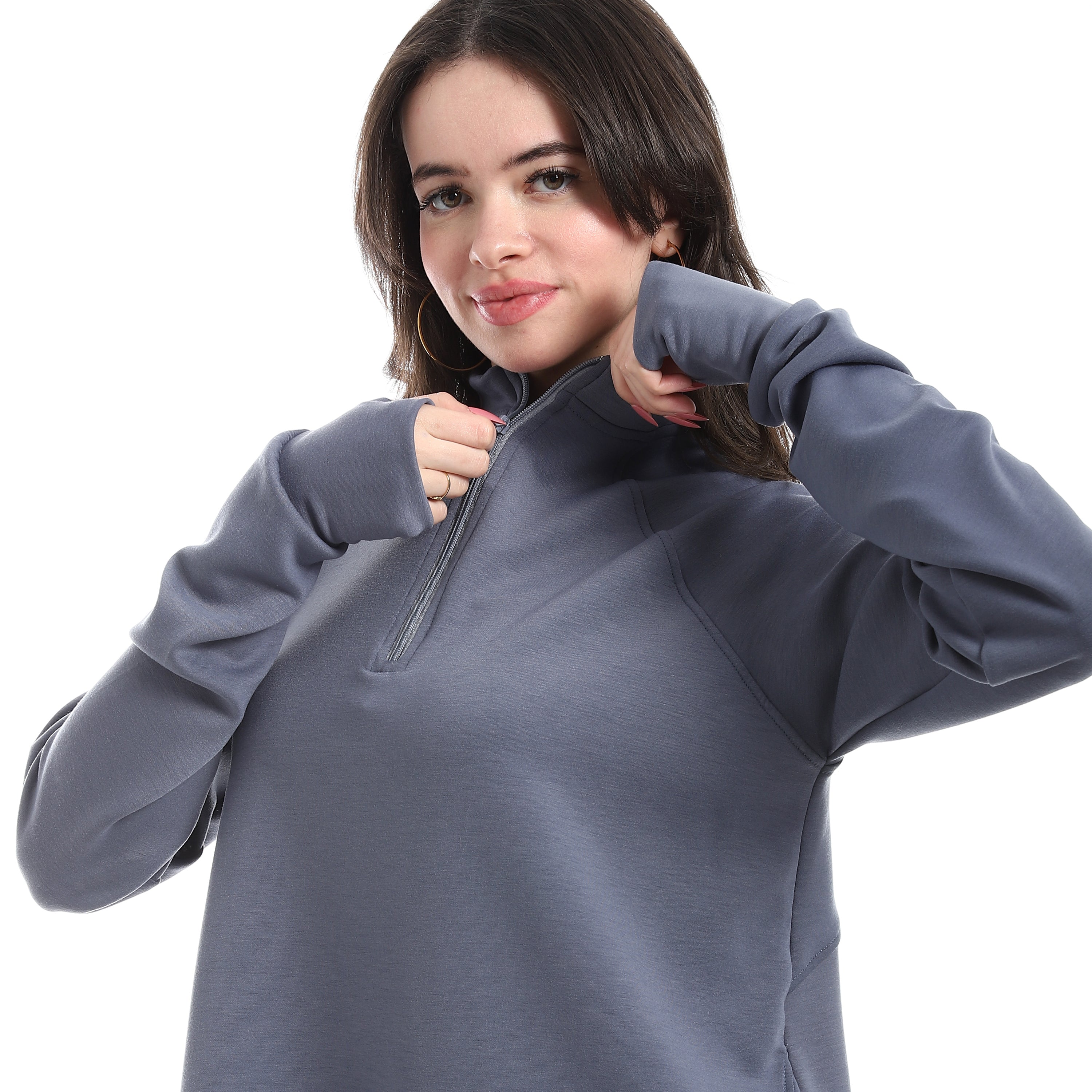 STAND HEM HALF ZIPPER TOP - BLUE