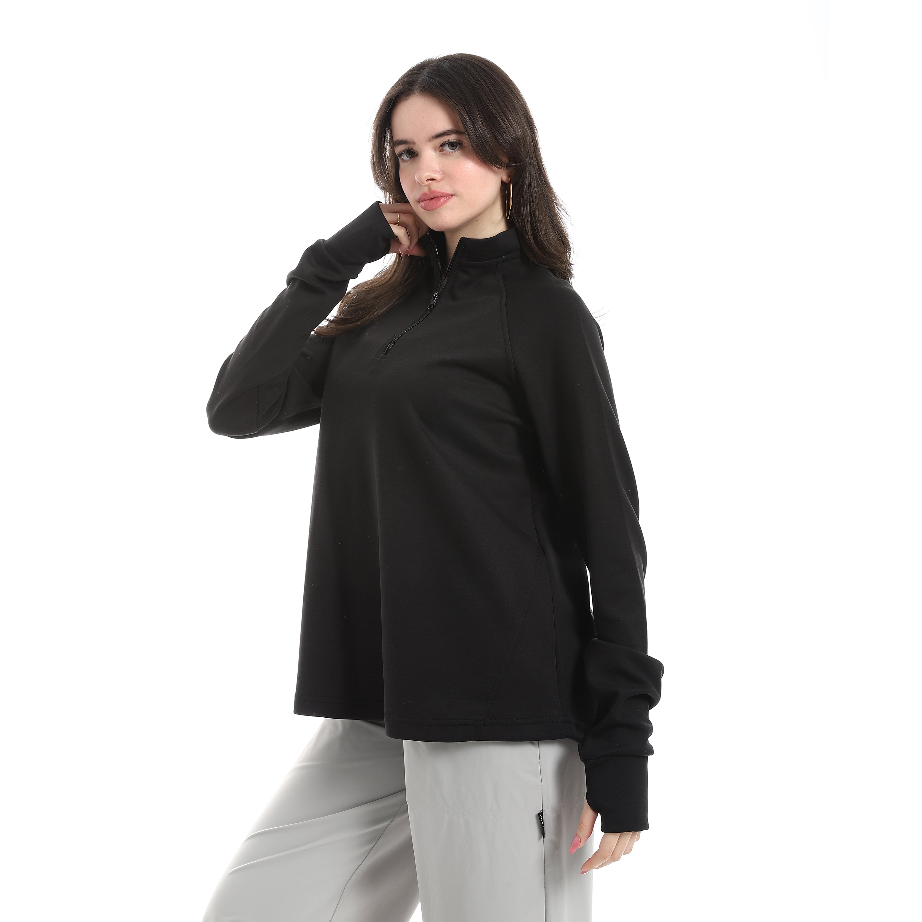 STAND HEM HALF ZIPPER TOP - BLACK