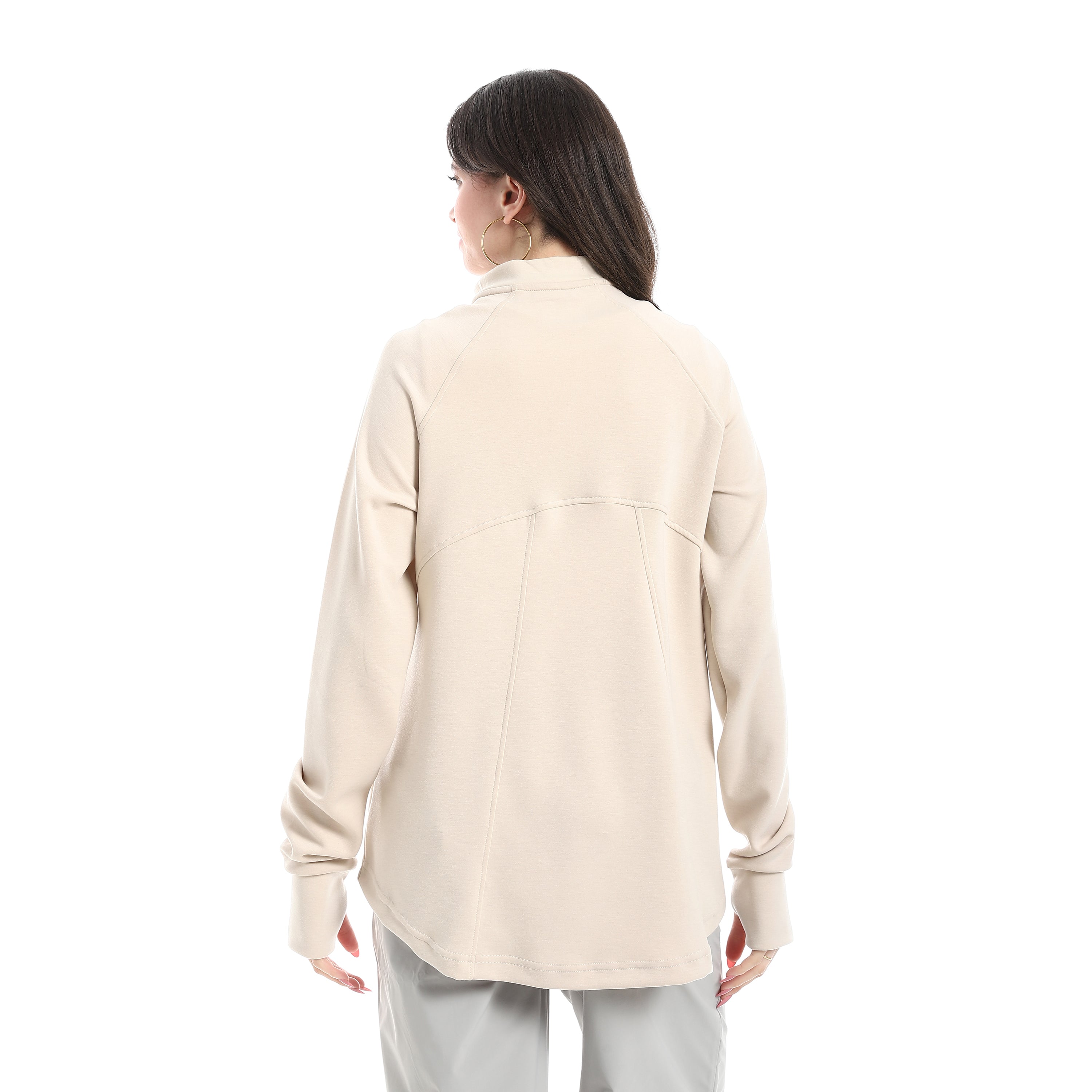 STAND HEM HALF ZIPPER TOP - BEIGE