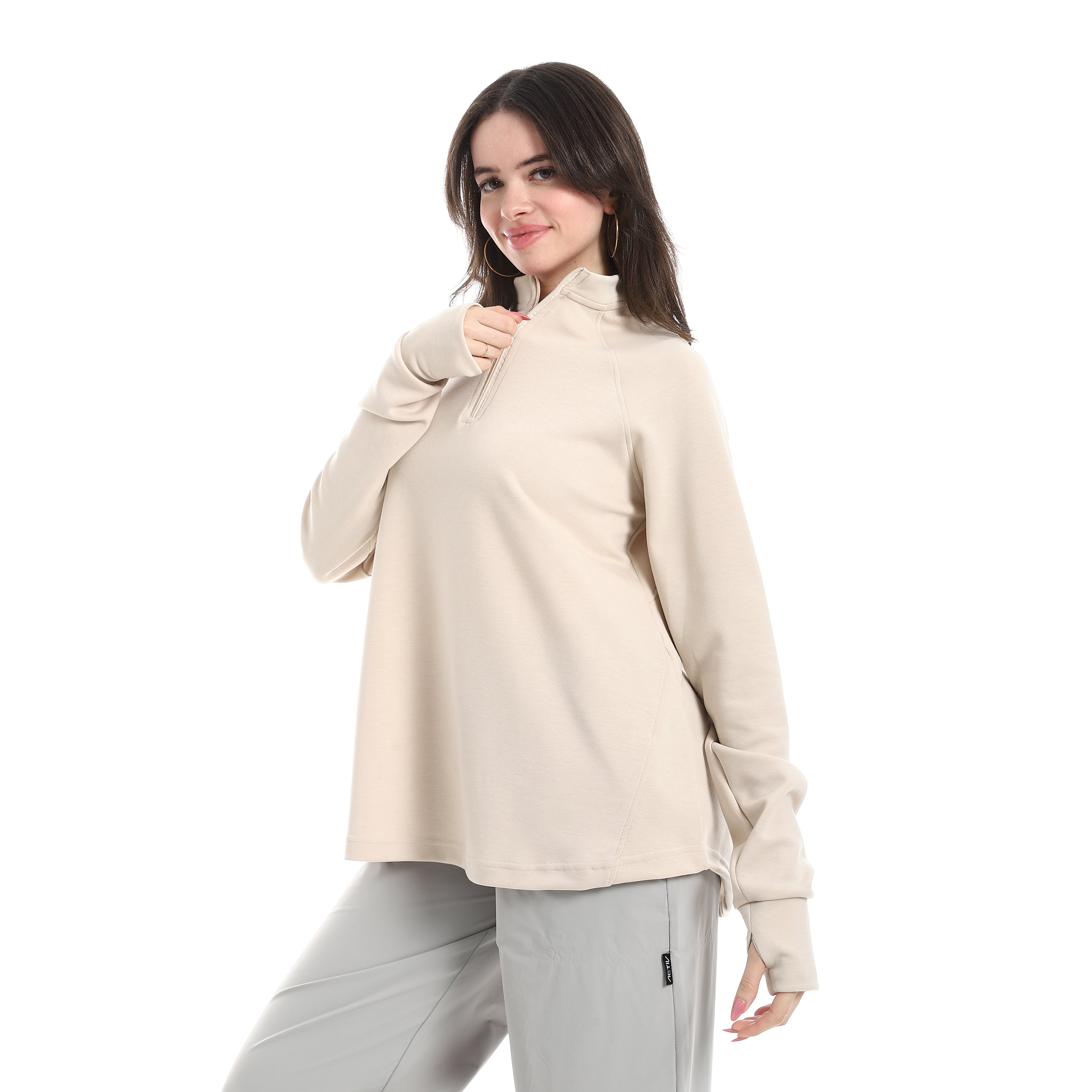 STAND HEM HALF ZIPPER TOP - BEIGE